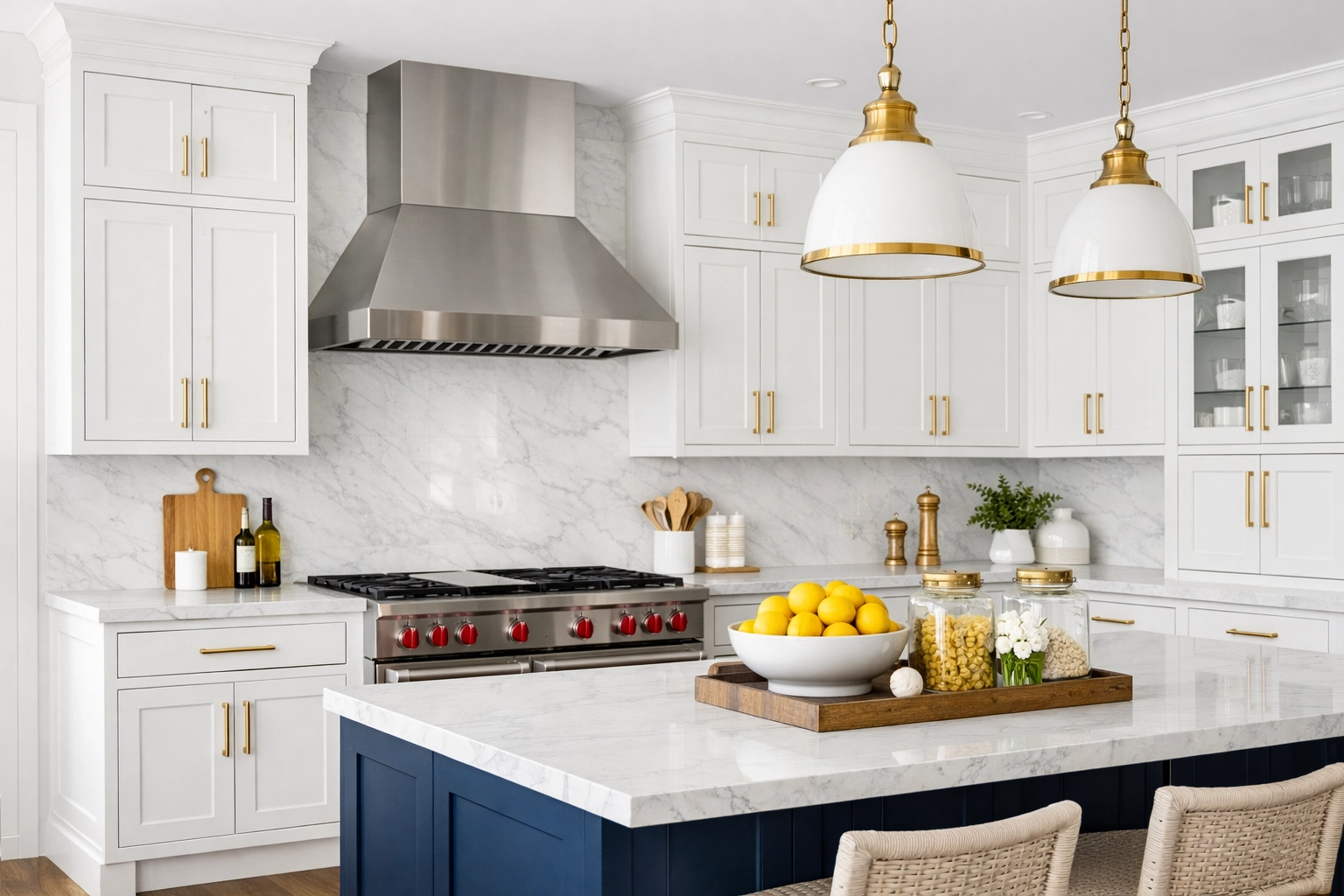 Grease-free white gourmet kitchen cabinets in Hingham, demonstrating the power of deep residential cleaning.