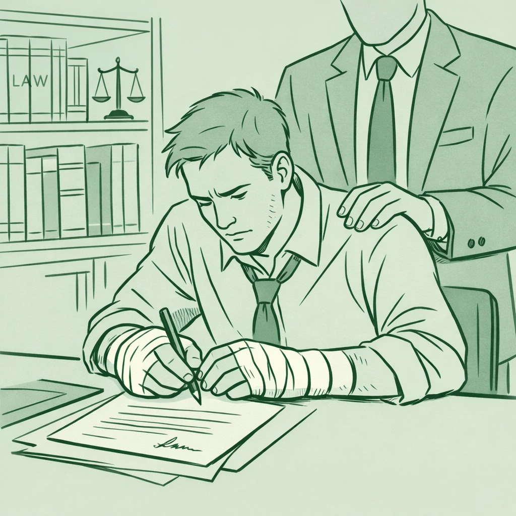 Man with bandaged hands struggles with legal documents as another man offers ambiguous support