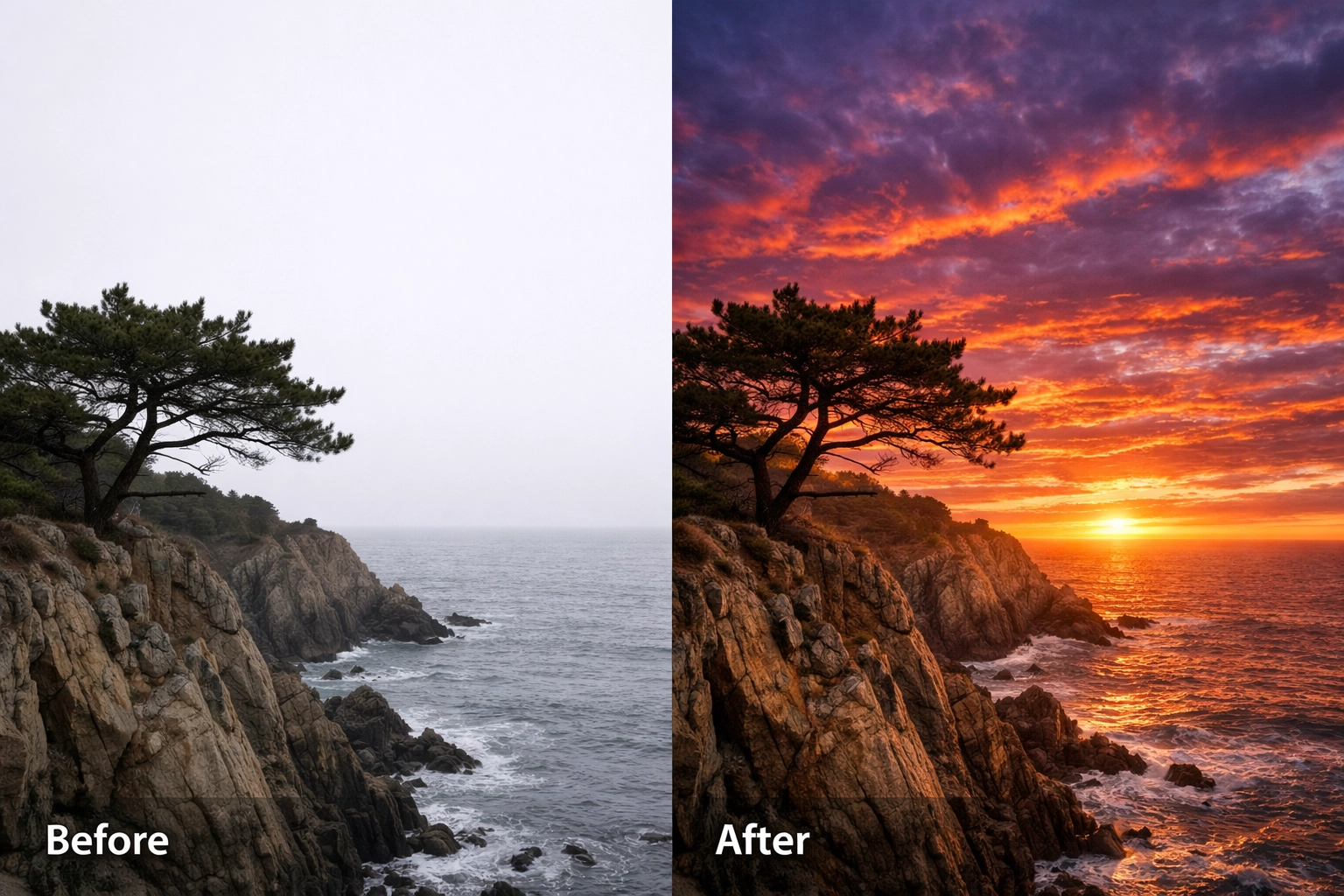 Before and after comparison of a coastal sunset created with Luminar Neo Sky AI sky replacement.