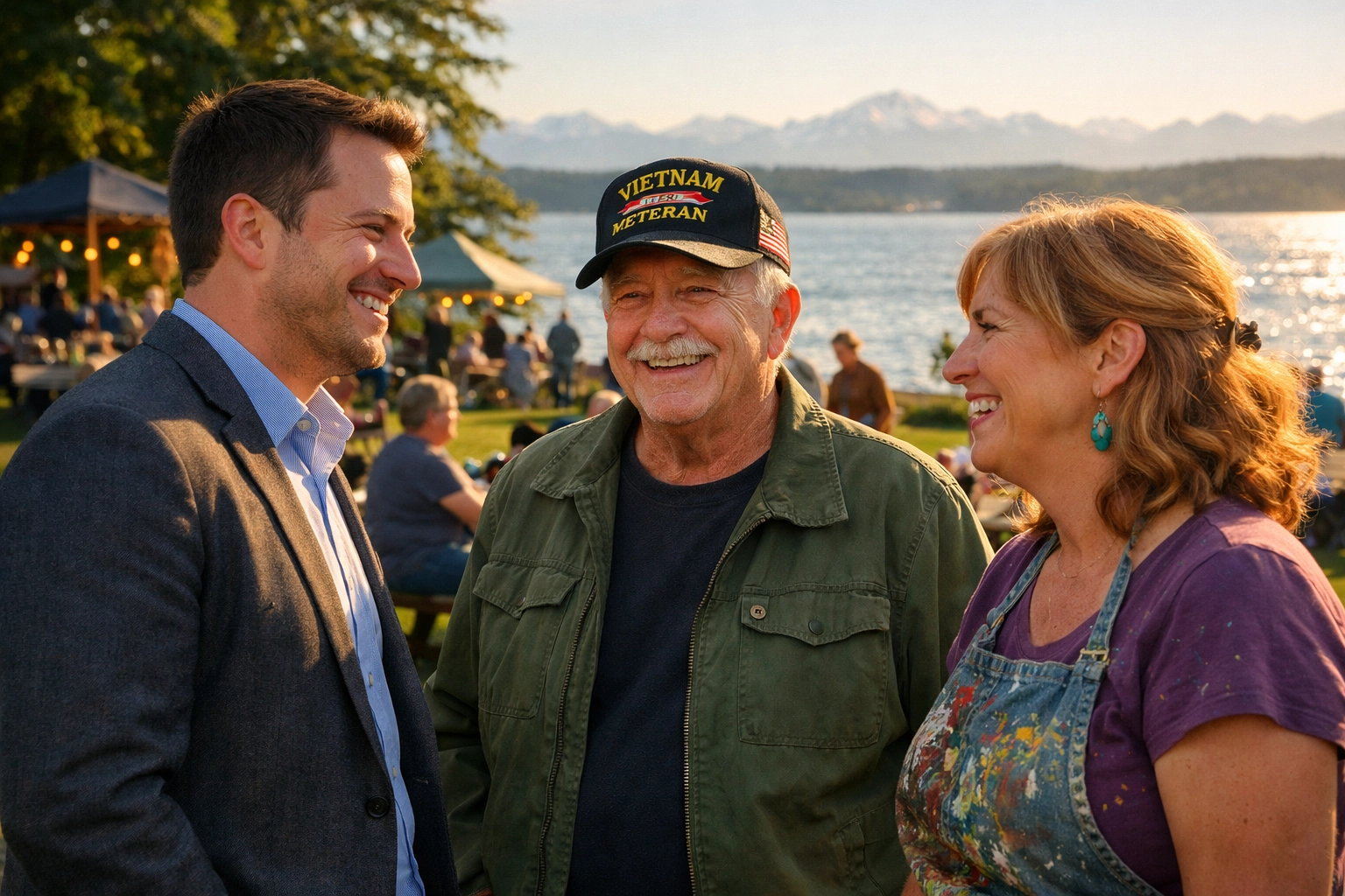 A diverse group of Kitsap County donors and neighbors engaging in community giving and philanthropy at a local park.