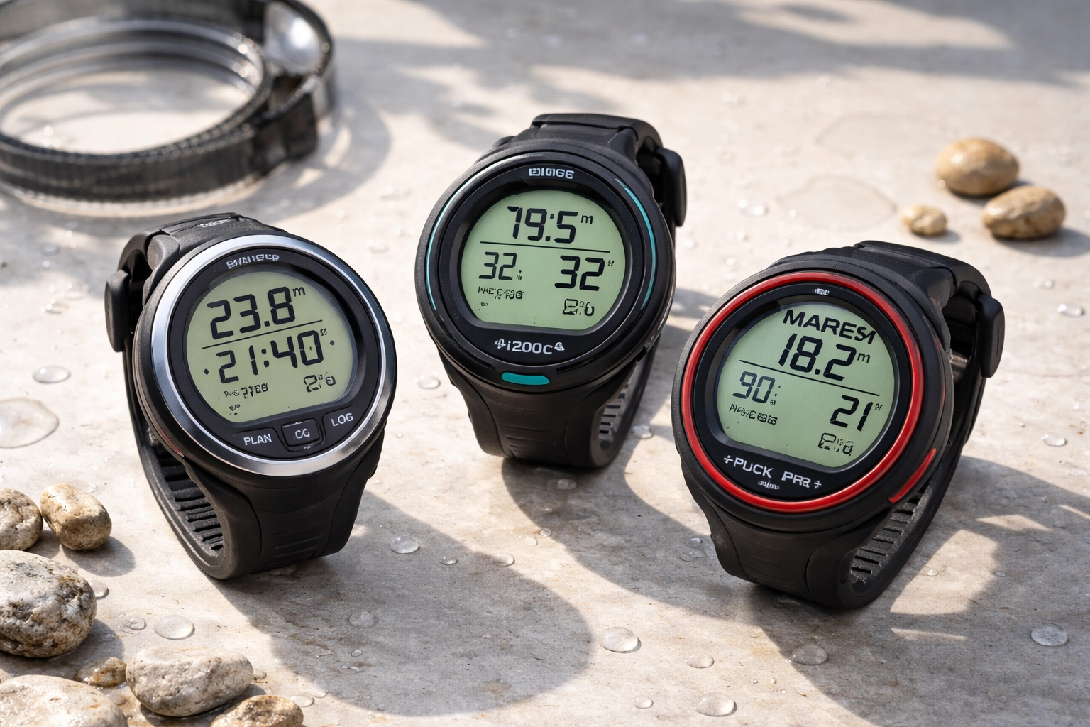 Drei Einsteiger-Tauchcomputer auf hellgrauem Stein mit Tauchmaske, ideal für Anfänger beim Tauchen lernen