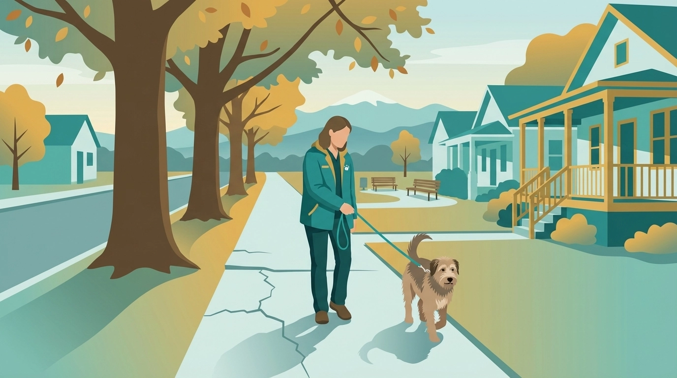 Professional dog walking illustration on a Roanoke neighborhood path by Star City Pet Pros