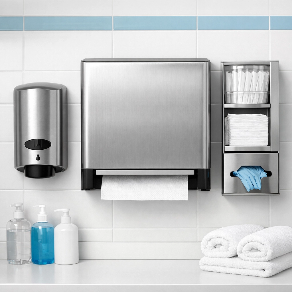 Stocked hygiene dispensers in a clean restroom, showing the detail-oriented work of a commercial cleaning company.