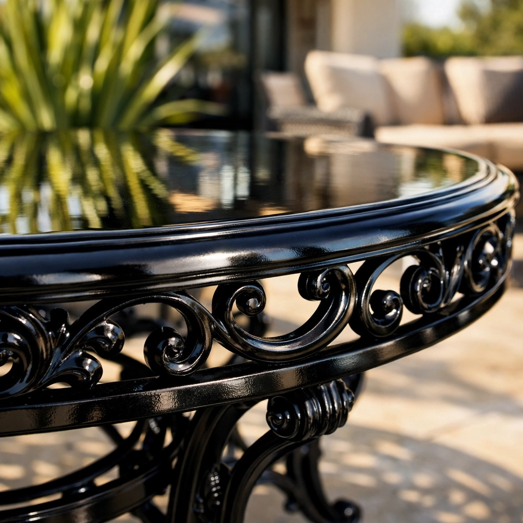 Beautifully powder-coated wrought iron patio table with glossy black finish and intricate scrollwork