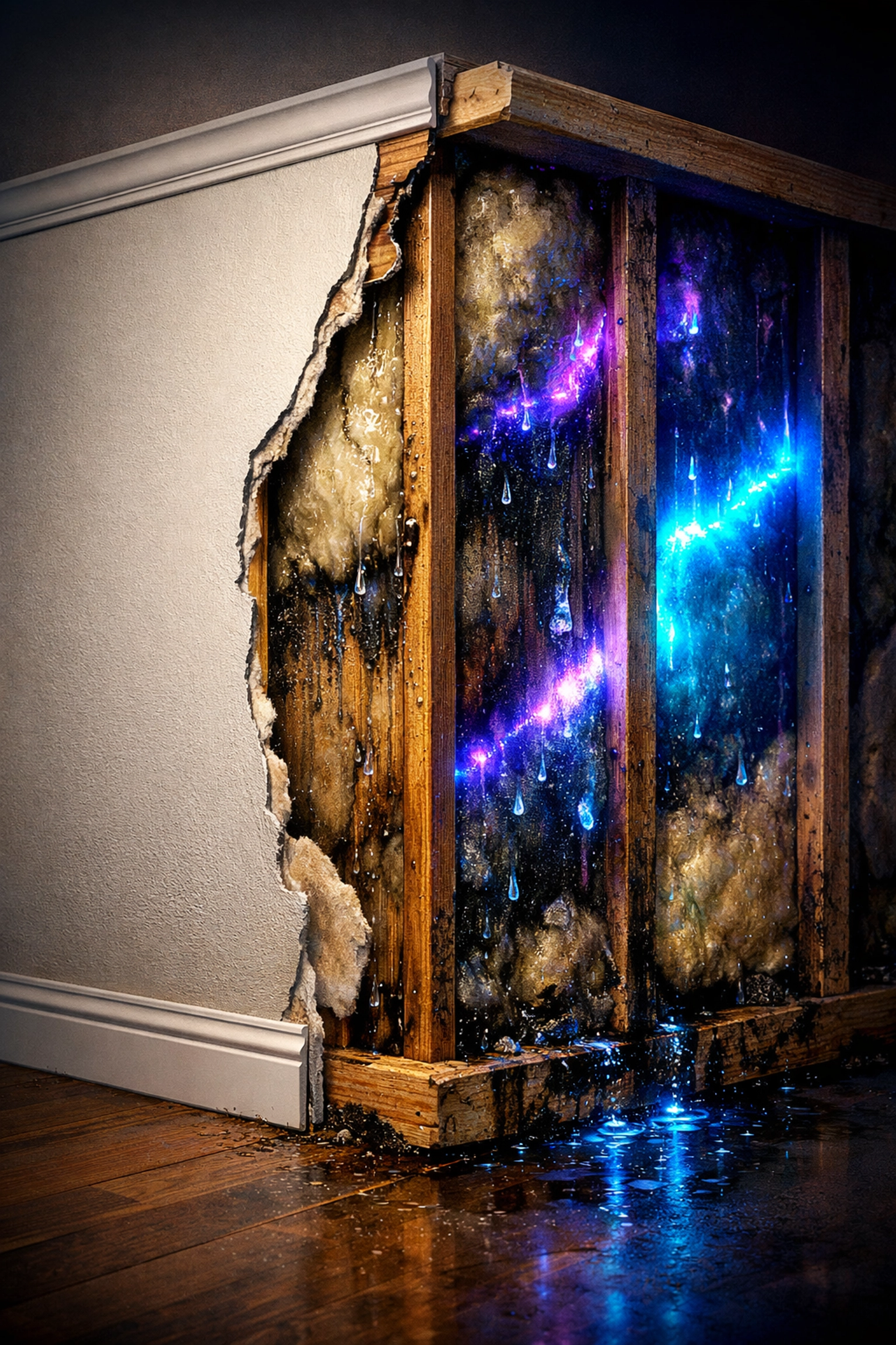 Cross-section of wall showing hidden water damage and moisture detection with thermal imaging