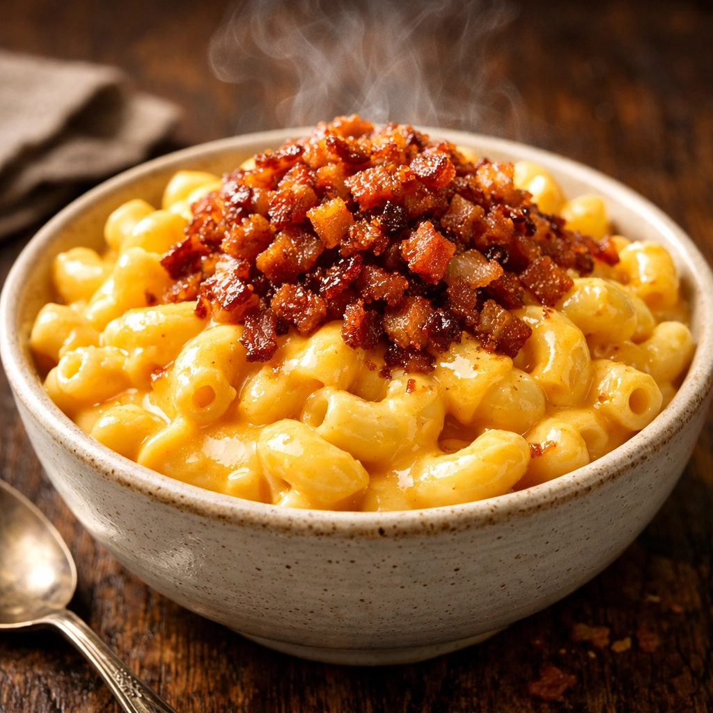 15 Simple Pasta Dinners for Stress-Free Nights Creamy 5-ingredient macaroni and cheese topped with crispy bacon bits, a comfort food dinner.