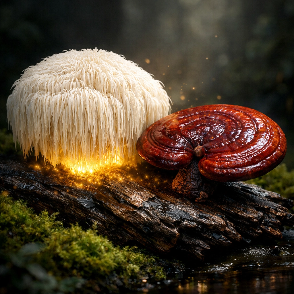 Reishi and Lion's Mane medicinal mushrooms resting on moss, supporting immune system health.