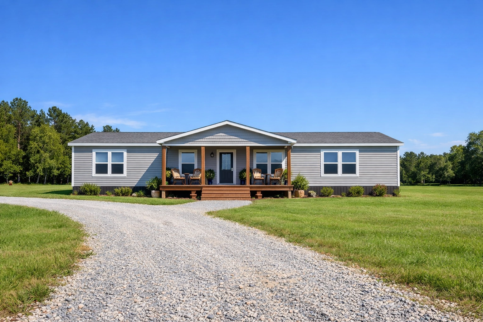 Modern double-wide manufactured home in Crosby, Texas, featuring a large porch and green lawn.