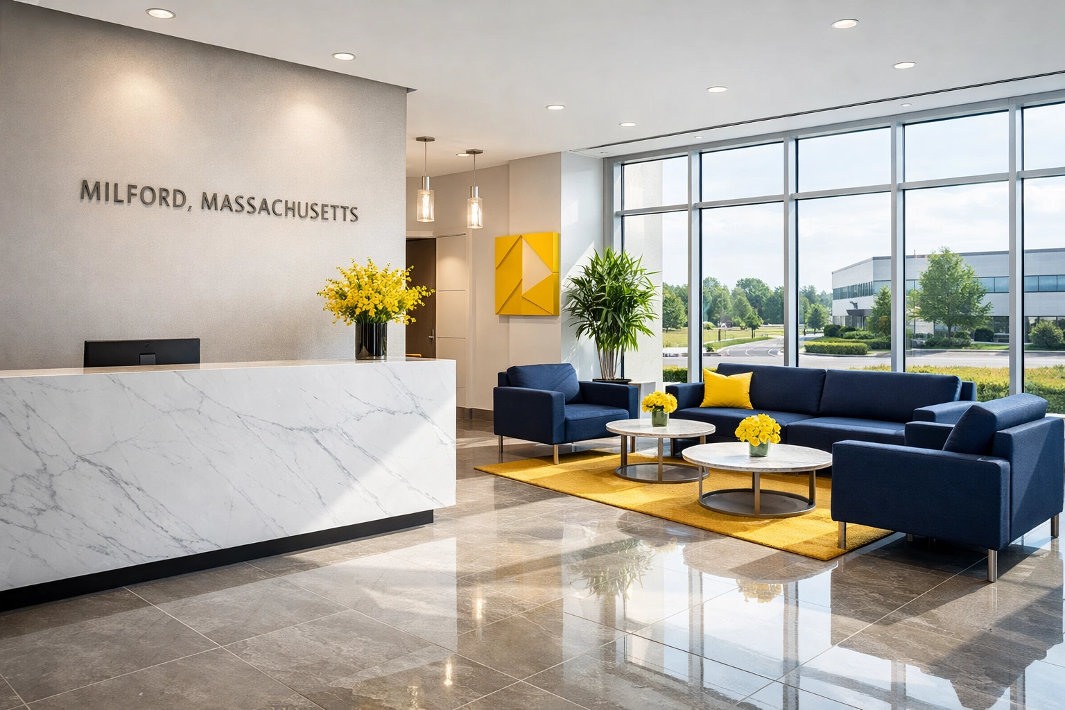 A clean and professional modern office lobby in Milford, Massachusetts, illustrating high-end office cleaning services.