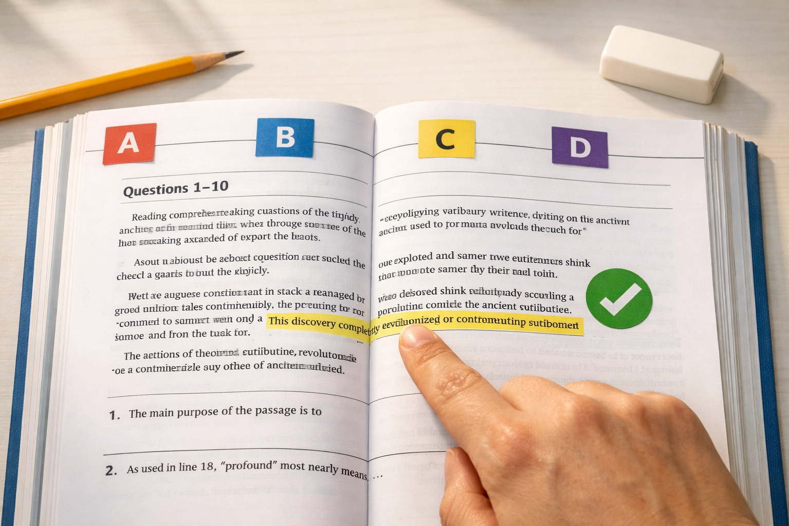 SAT reading practice book with answer choices marked and selected