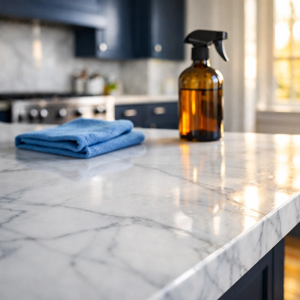 Professional house cleaning services MA using safe products on luxury white marble kitchen countertops.