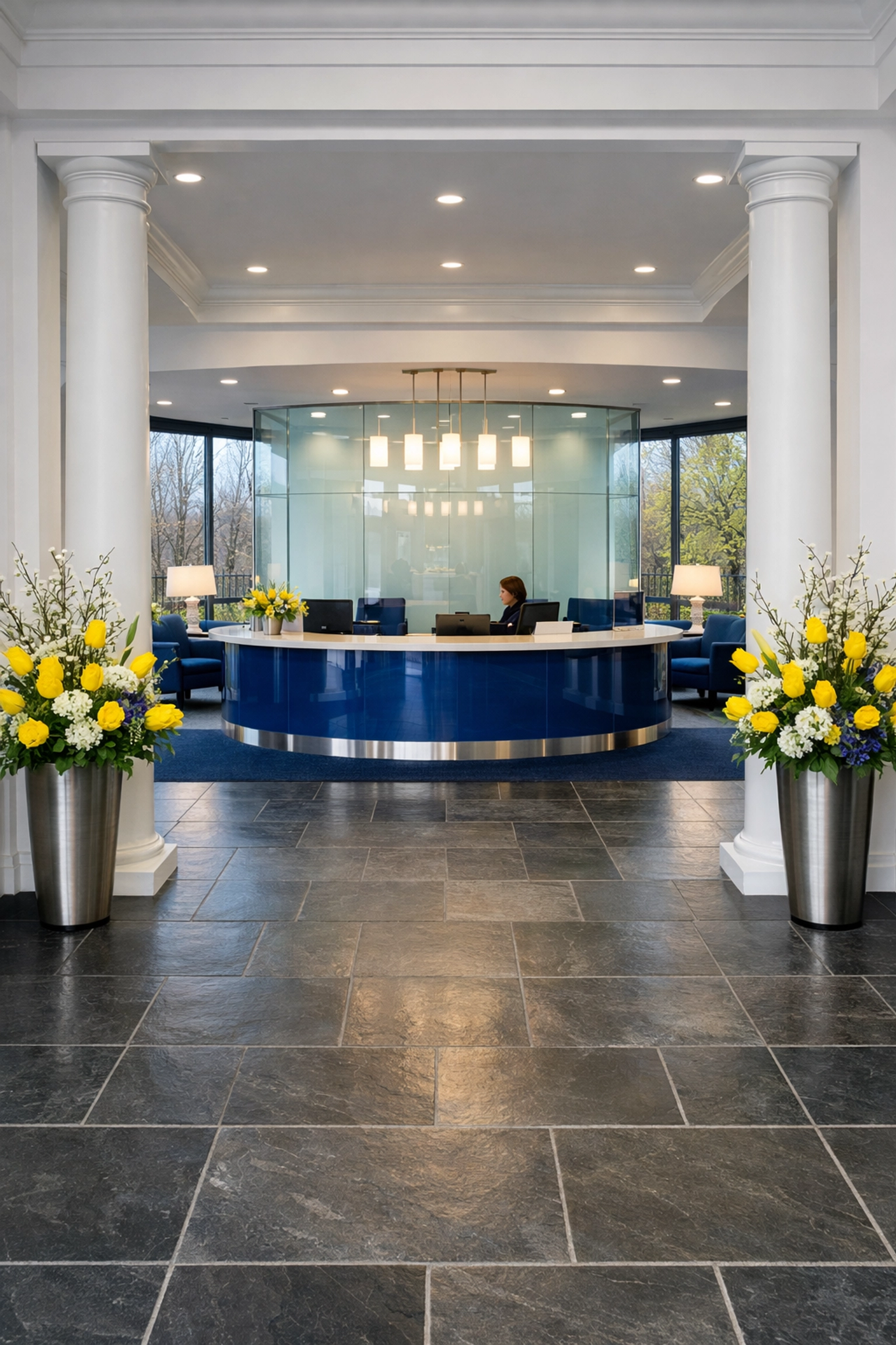 Clean commercial entrance in Longmeadow with spotless slate tiles maintained by professional janitorial services.