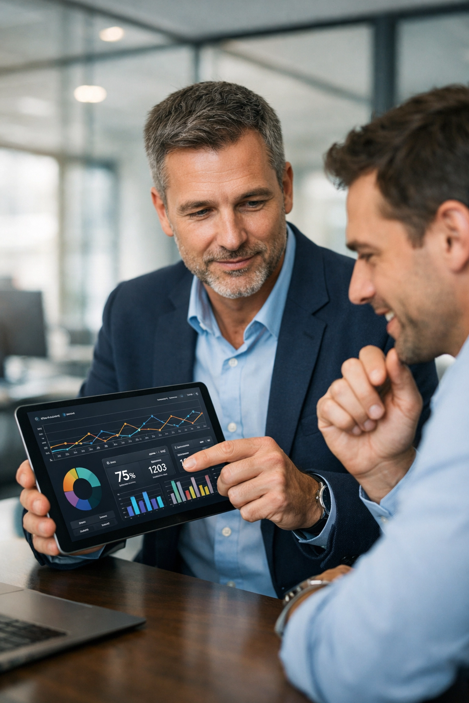 IT Director and colleague reviewing an ITOM dashboard during a ServiceNow implementation project.