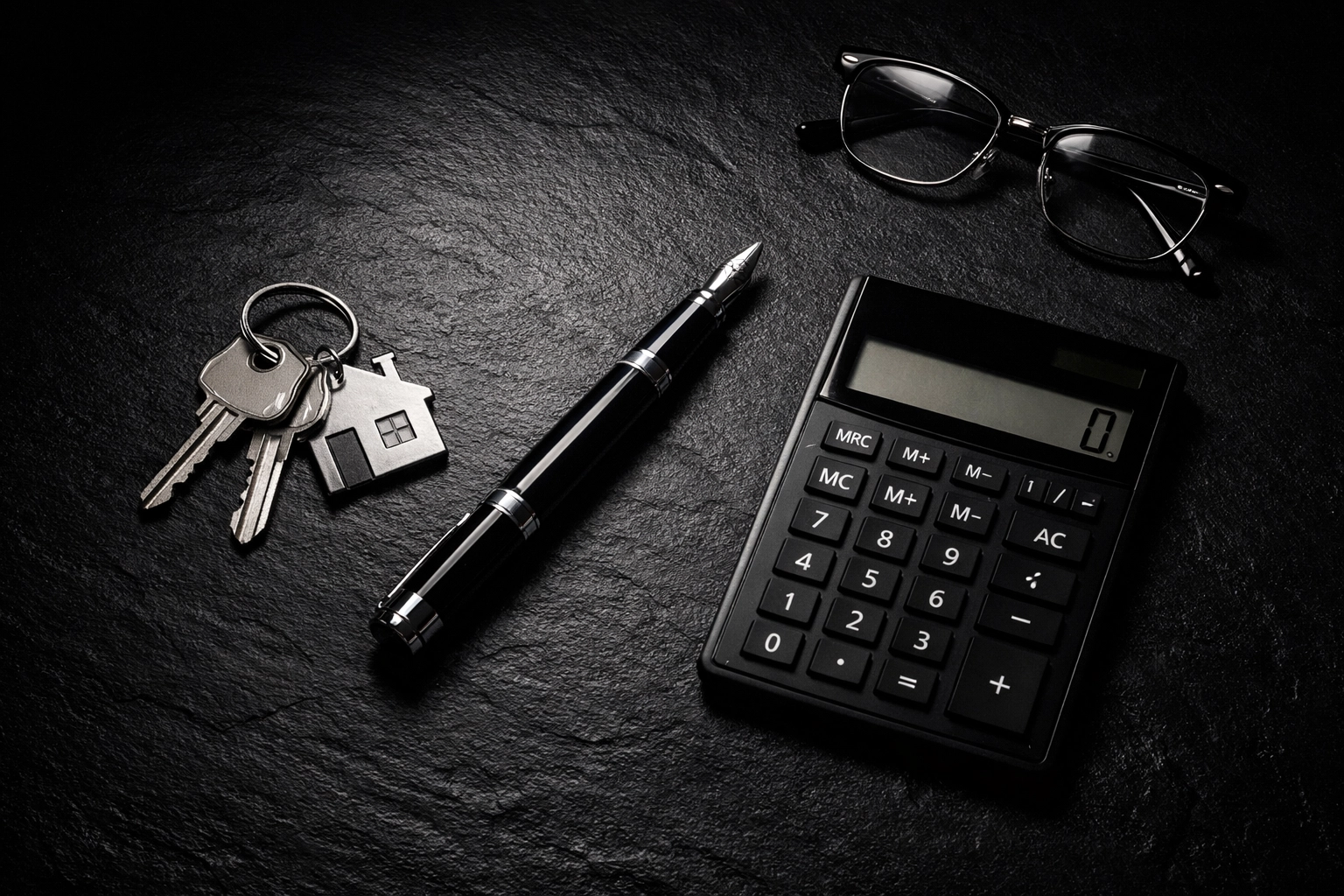 House keys and a calculator on a desk for calculating bridging loan costs and mortgage interest rates.