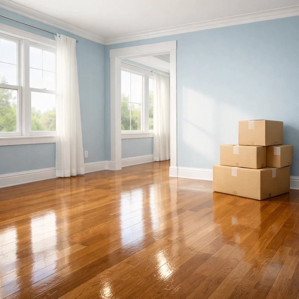 Pristine master bedroom with polished floors and clean baseboards prepared for a new home buyer.