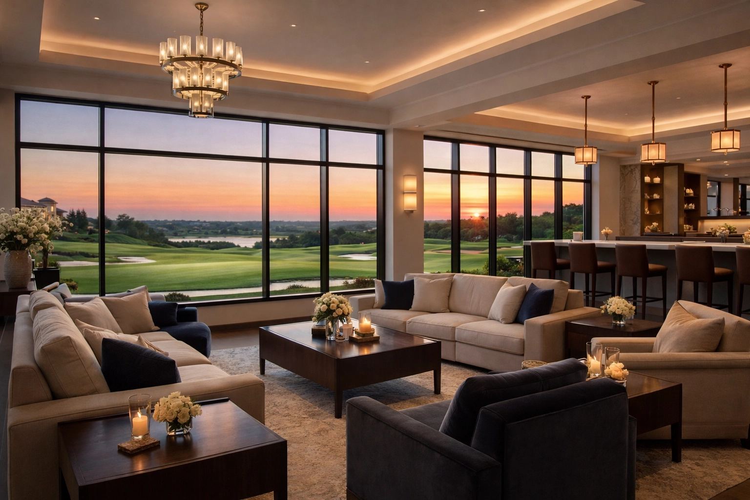 Luxury country club lounge overlooking a golf course in one of the best neighborhoods in Charlotte NC.