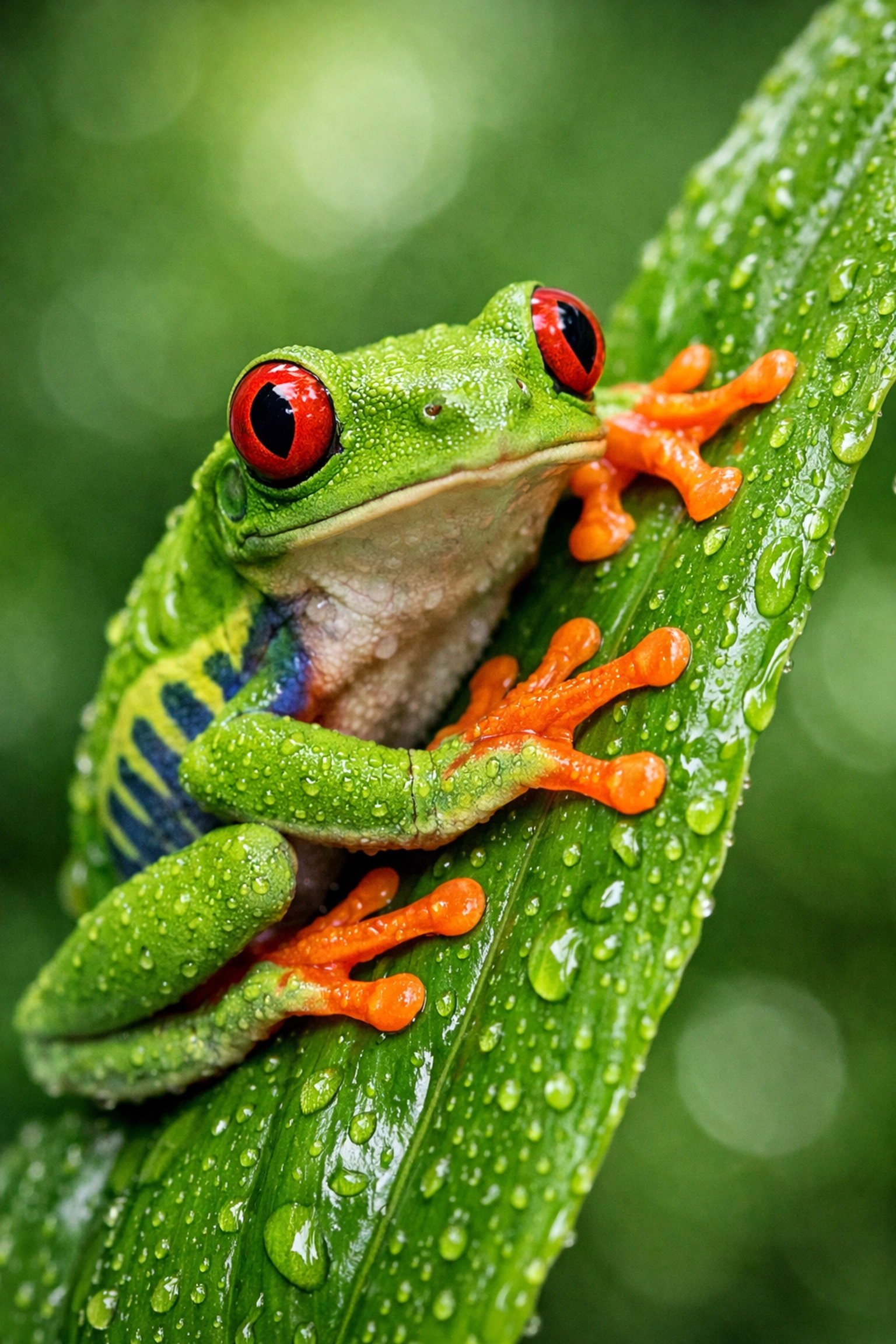 Close-up of a red-eyed tree frog on a green leaf, showcasing professional wildlife stock photography for zoos.
