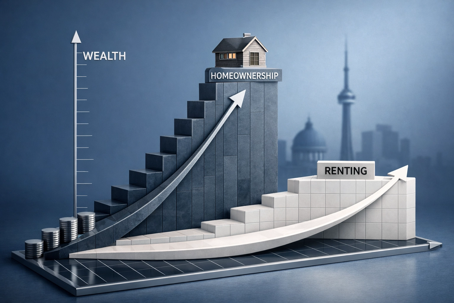 Wealth accumulation graph comparing long-term financial growth of homeownership versus renting