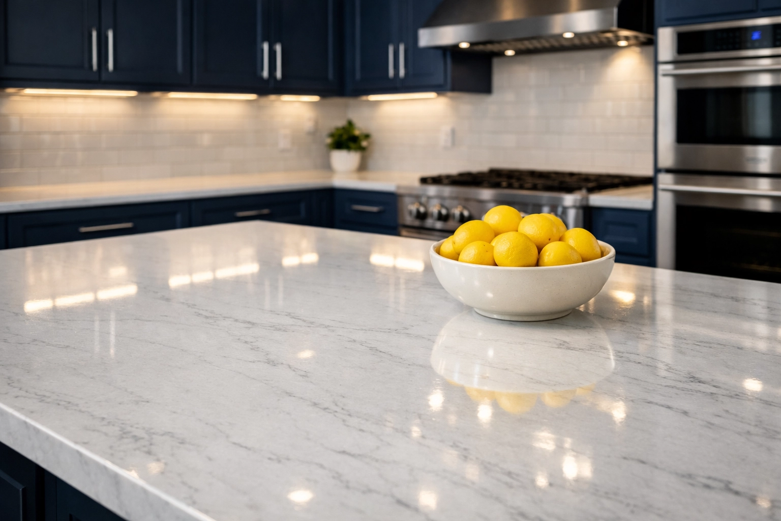 Spotless modern kitchen with a shiny quartz island and navy cabinets cleaned by Acton professionals.