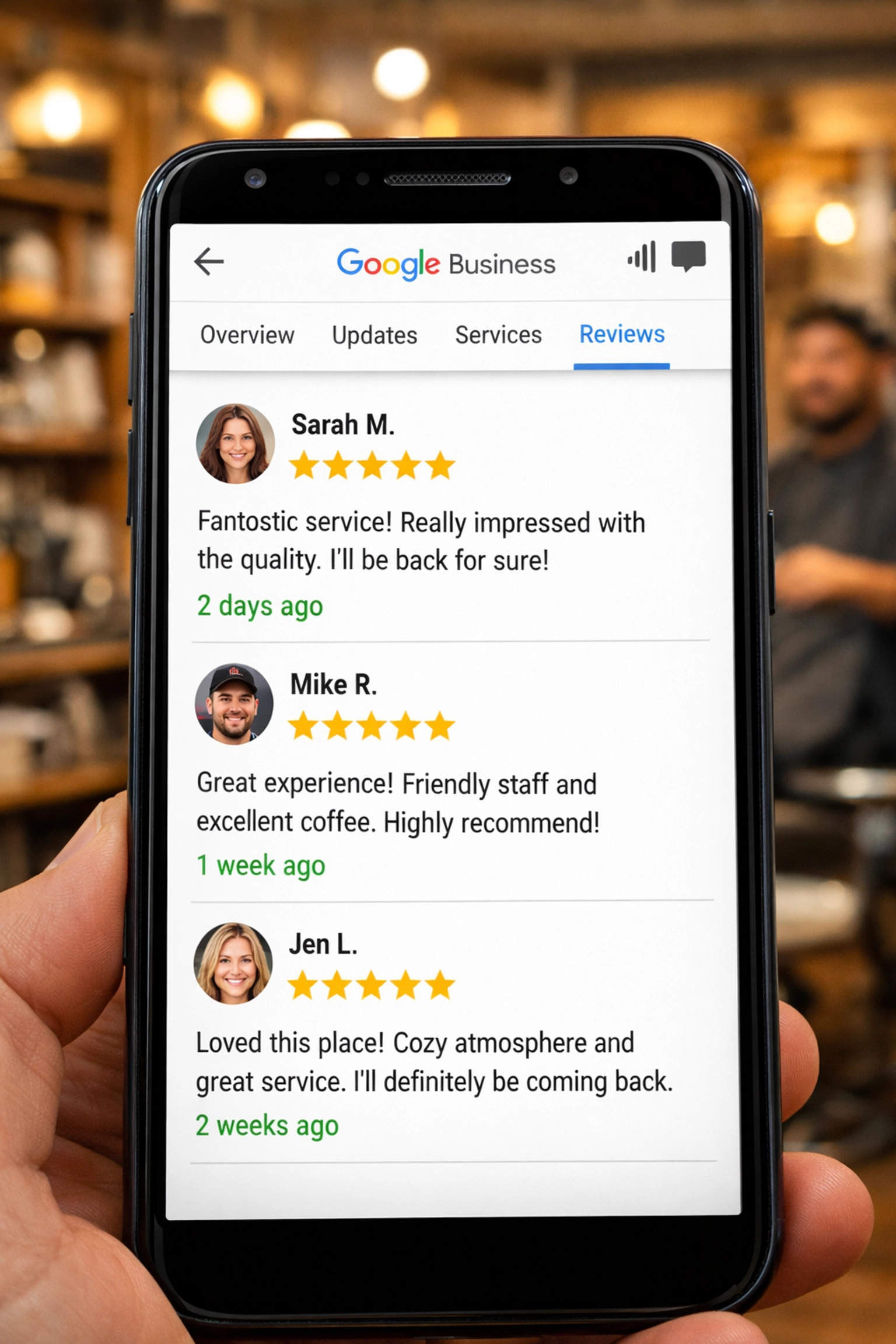 Google Business Profile showing recent reviews from past two weeks on smartphone screen