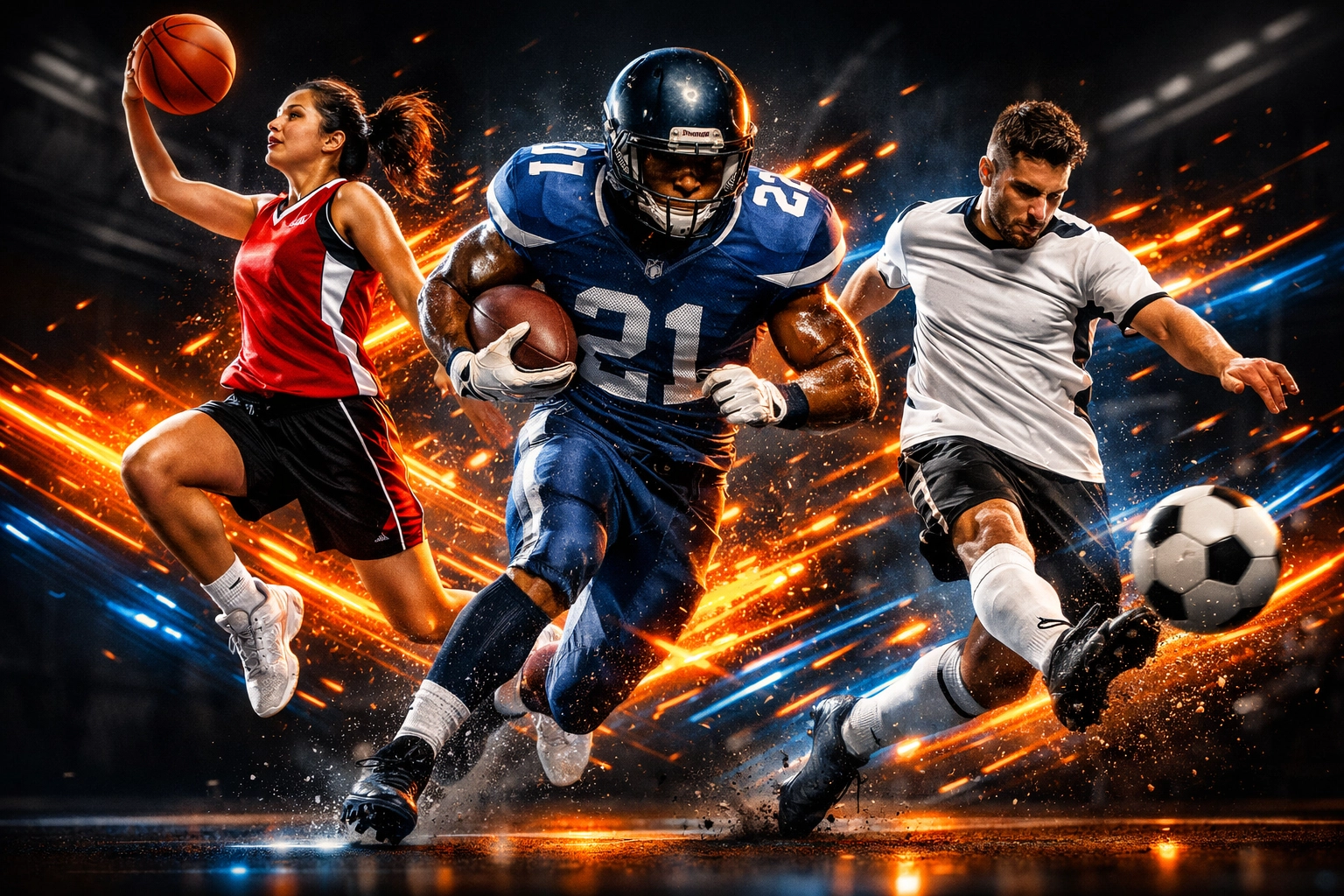 High-performance student-athletes in action with digital light trails symbolizing a viral marketing wave.