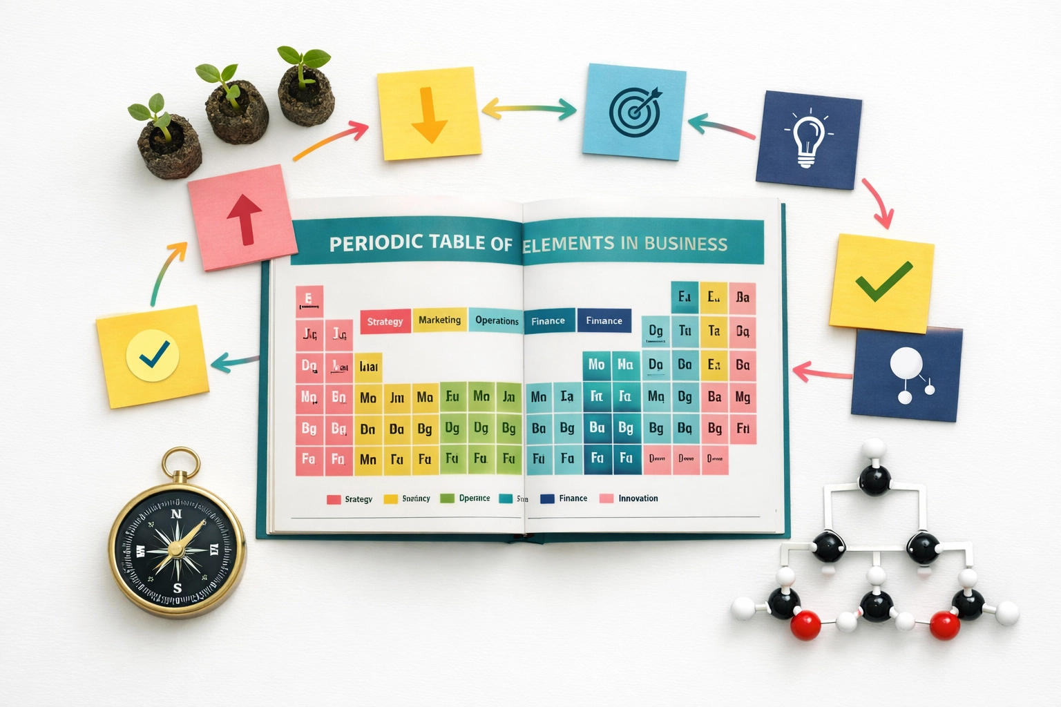 Periodic table surrounded by business strategy elements illustrating Chemistry systems thinking skills