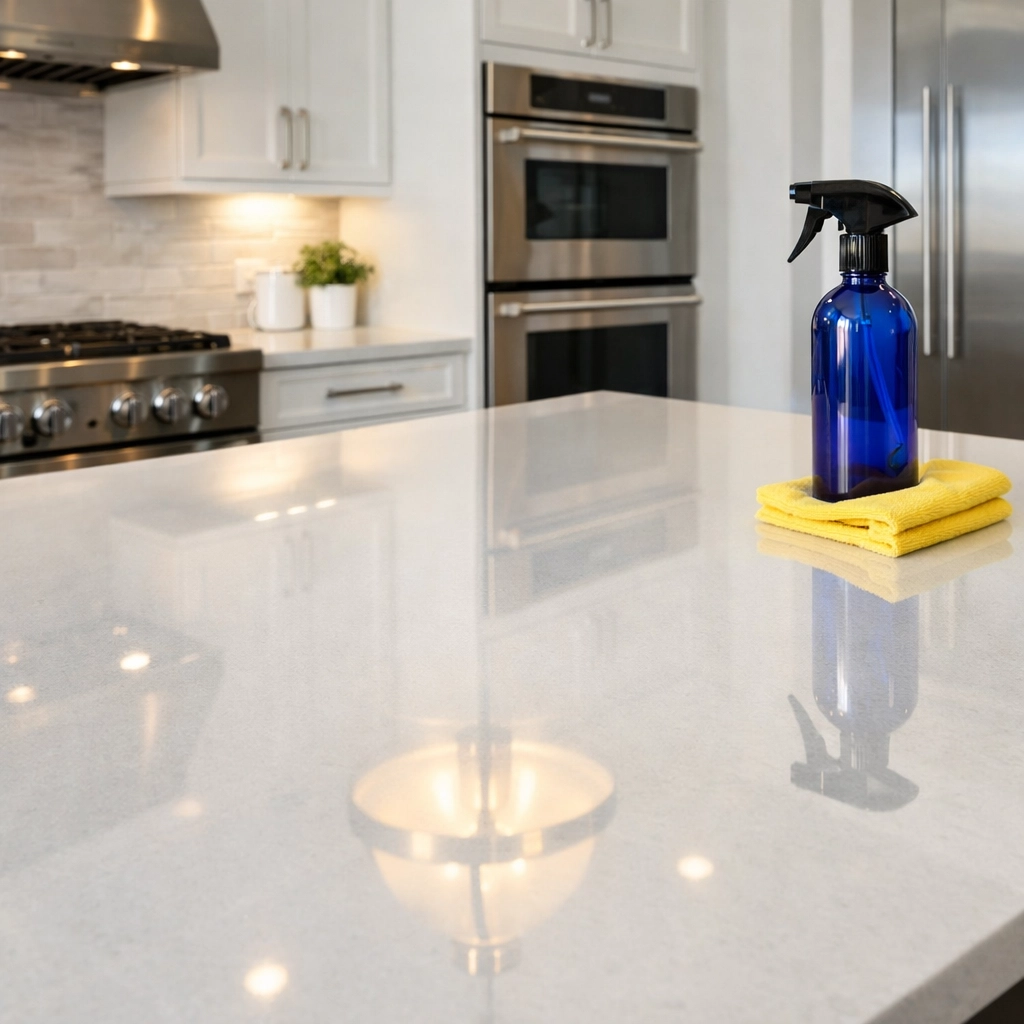 Sparkling clean kitchen island with eco-friendly supplies from a house cleaning Sudbury MA service.