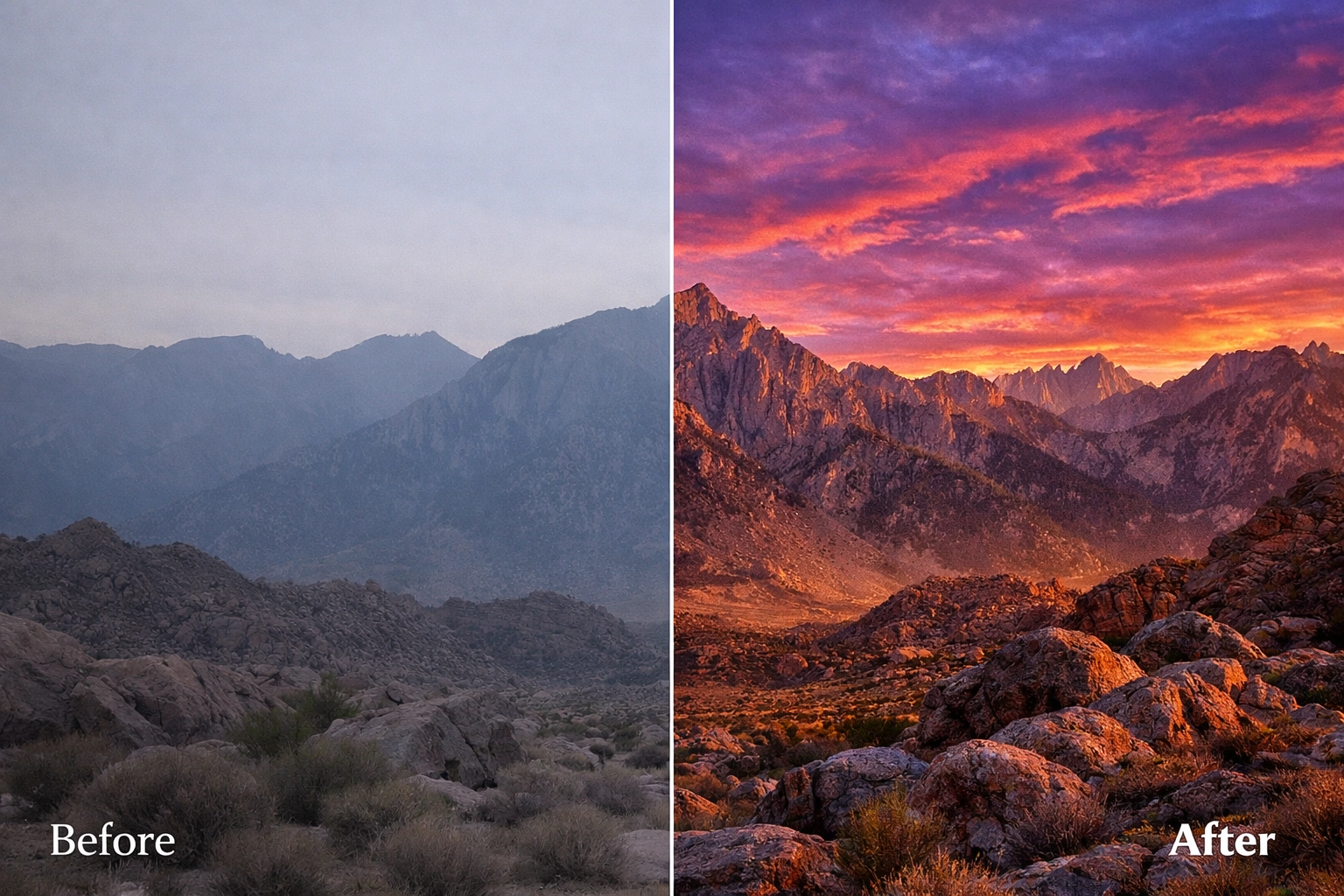 Side-by-side comparison of a raw landscape and an edited photo from a post-processing tutorial.
