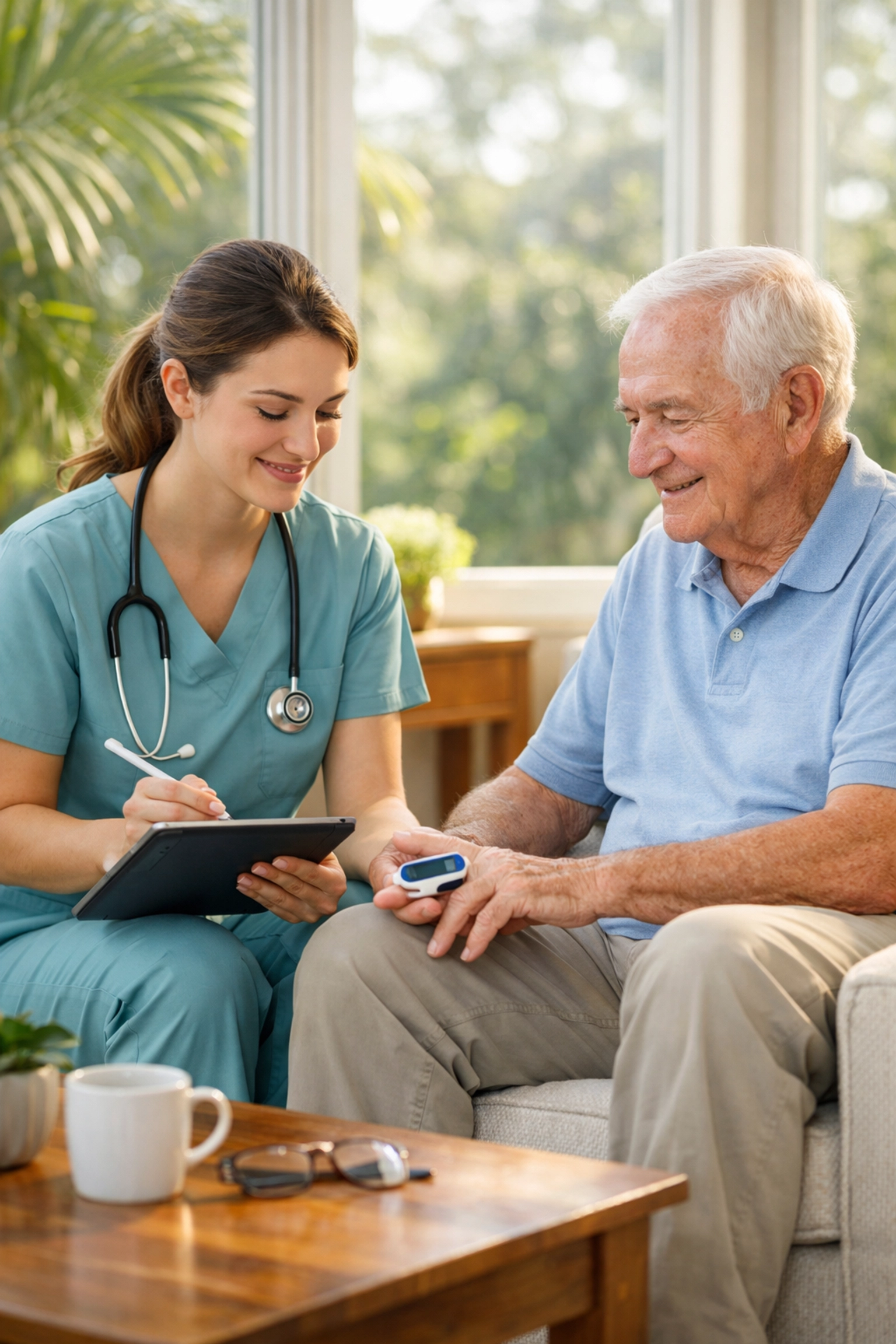 Nurse performing health monitoring and checking vitals for a Sarasota senior as part of in-home medication management.