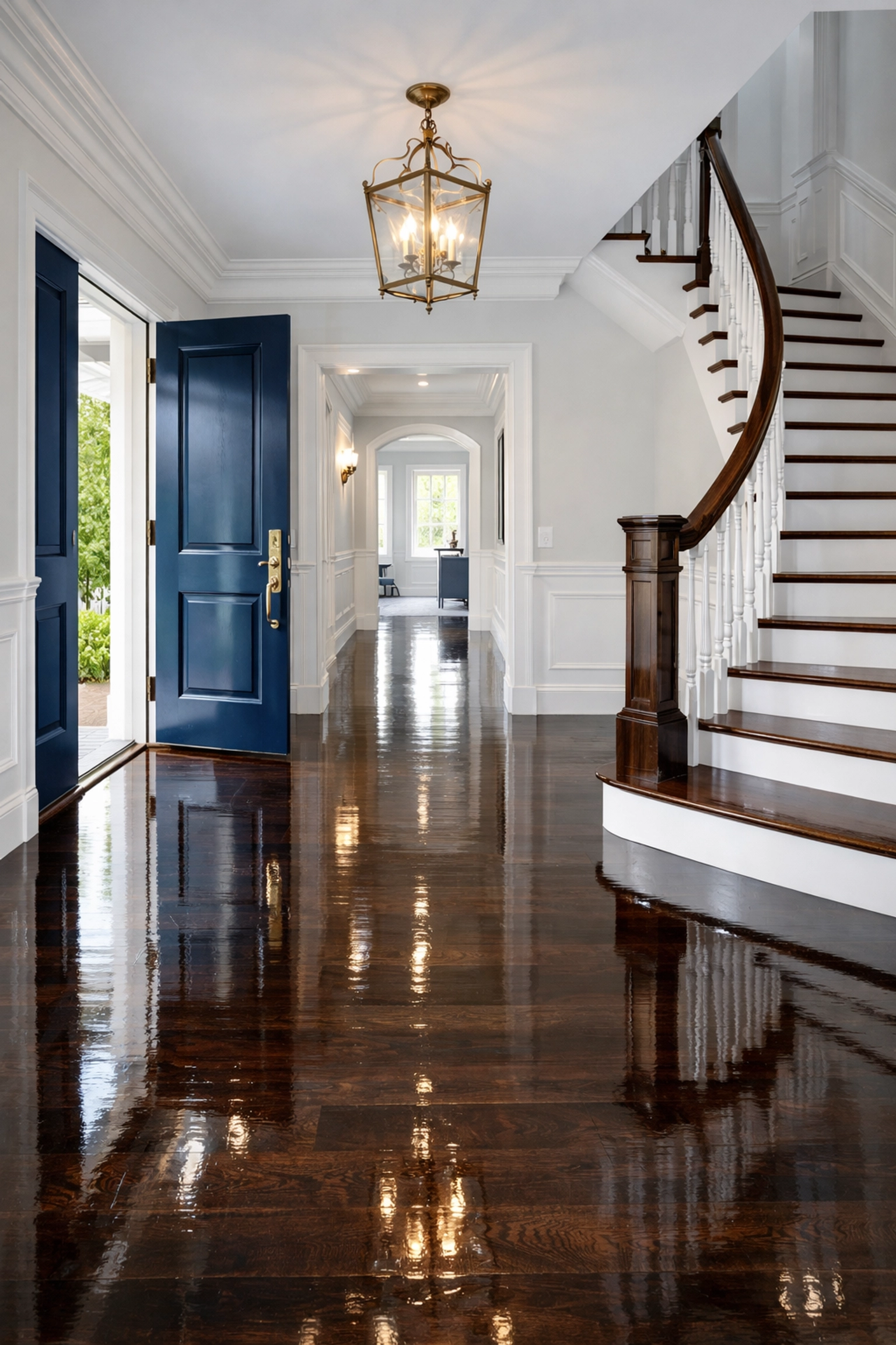 Pristine colonial foyer with polished floors after a move-in Ninja-Level Cleaning service in Medfield.