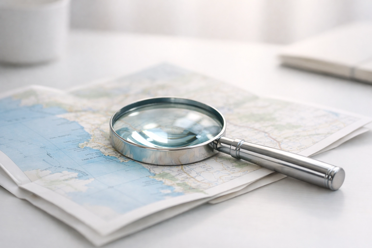 Silver magnifying glass on a local map representing the search for SR7 business hidden gems in Google search.