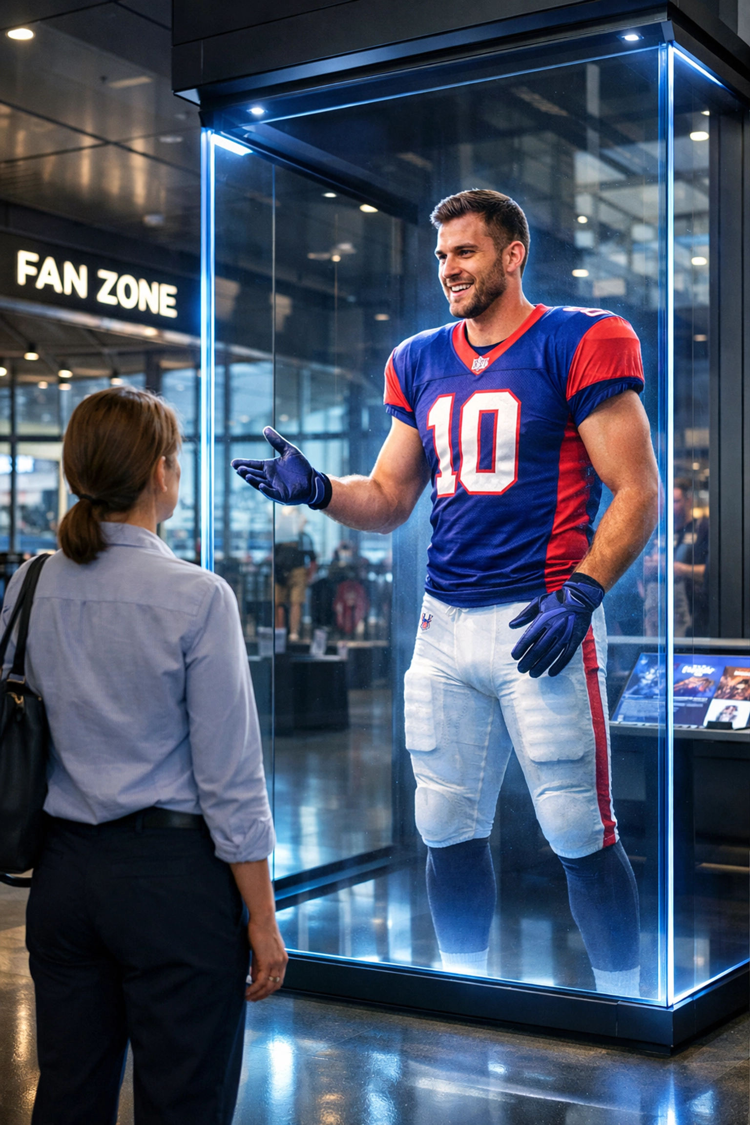 A fan interacts with a lifelike holographic football player in a modern stadium lobby during Super Bowl 2026.