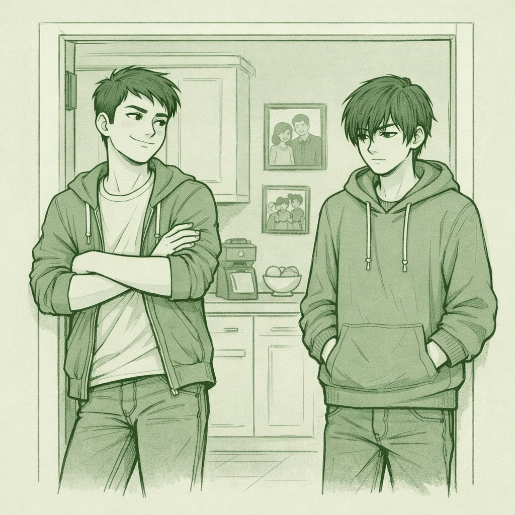 Step-brothers in doorway showing contrasting confidence in gay forbidden romance