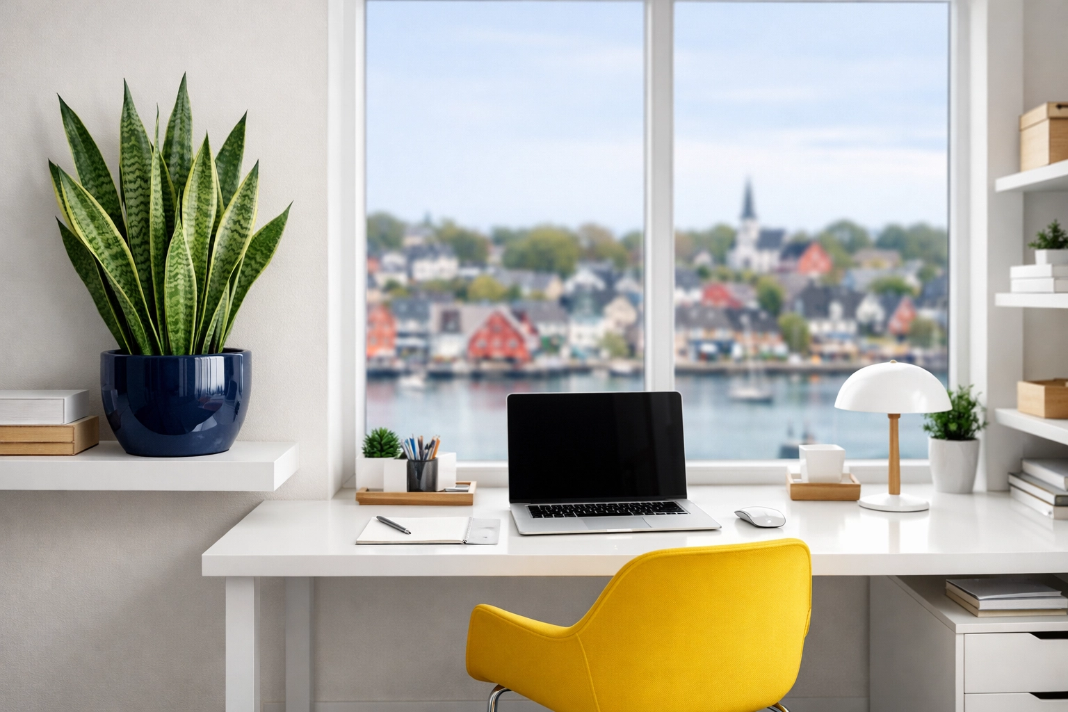 A professional, organized Lunenburg home office workspace with a healthy indoor plant for better air quality.