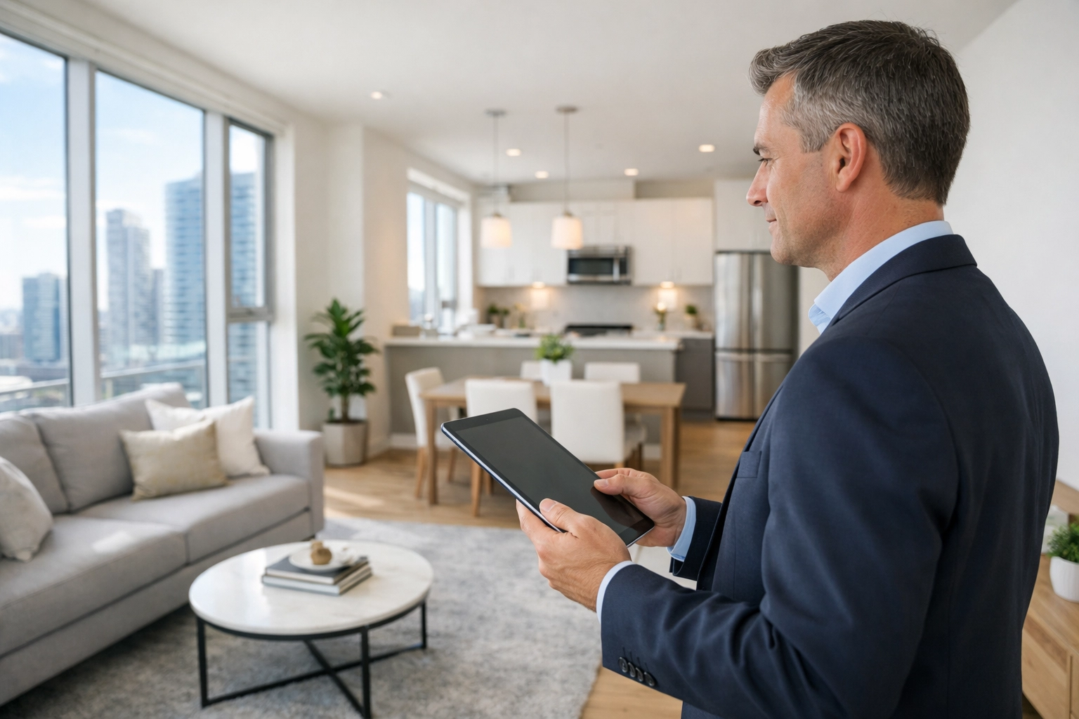 Property manager performing a final quality inspection walkthrough in a clean, move-in ready apartment.