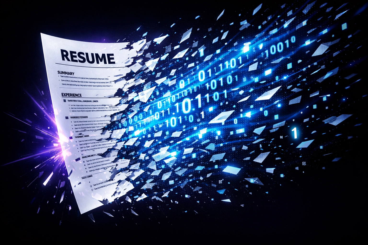 Traditional paper resume dissolving into digital data code to represent modern AI hiring assessments.