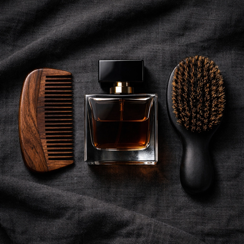 Essential men's grooming tools including a walnut beard comb and luxury parfum extrait bottle.