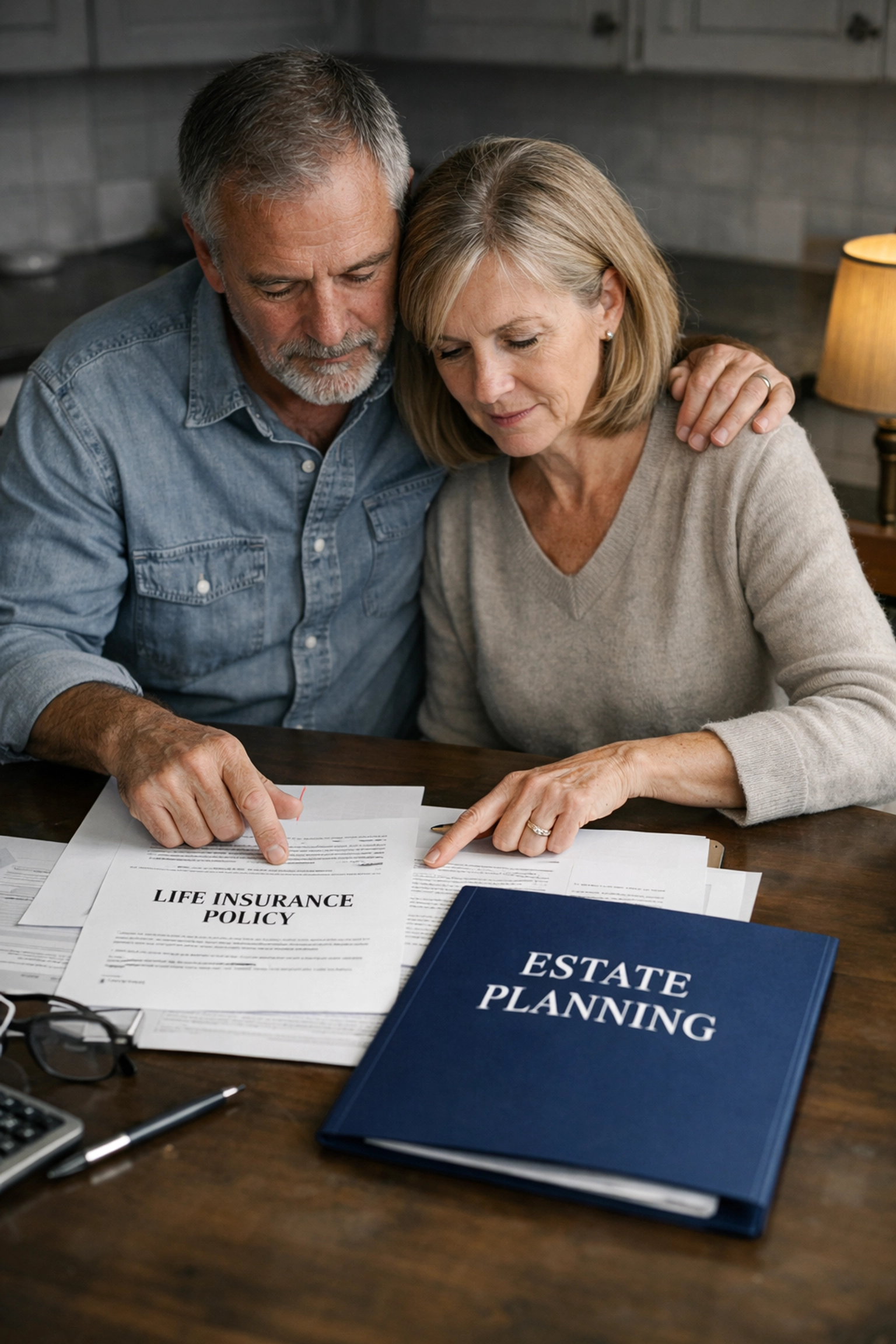 Couple reviewing life insurance and financial planning documents together at kitchen table