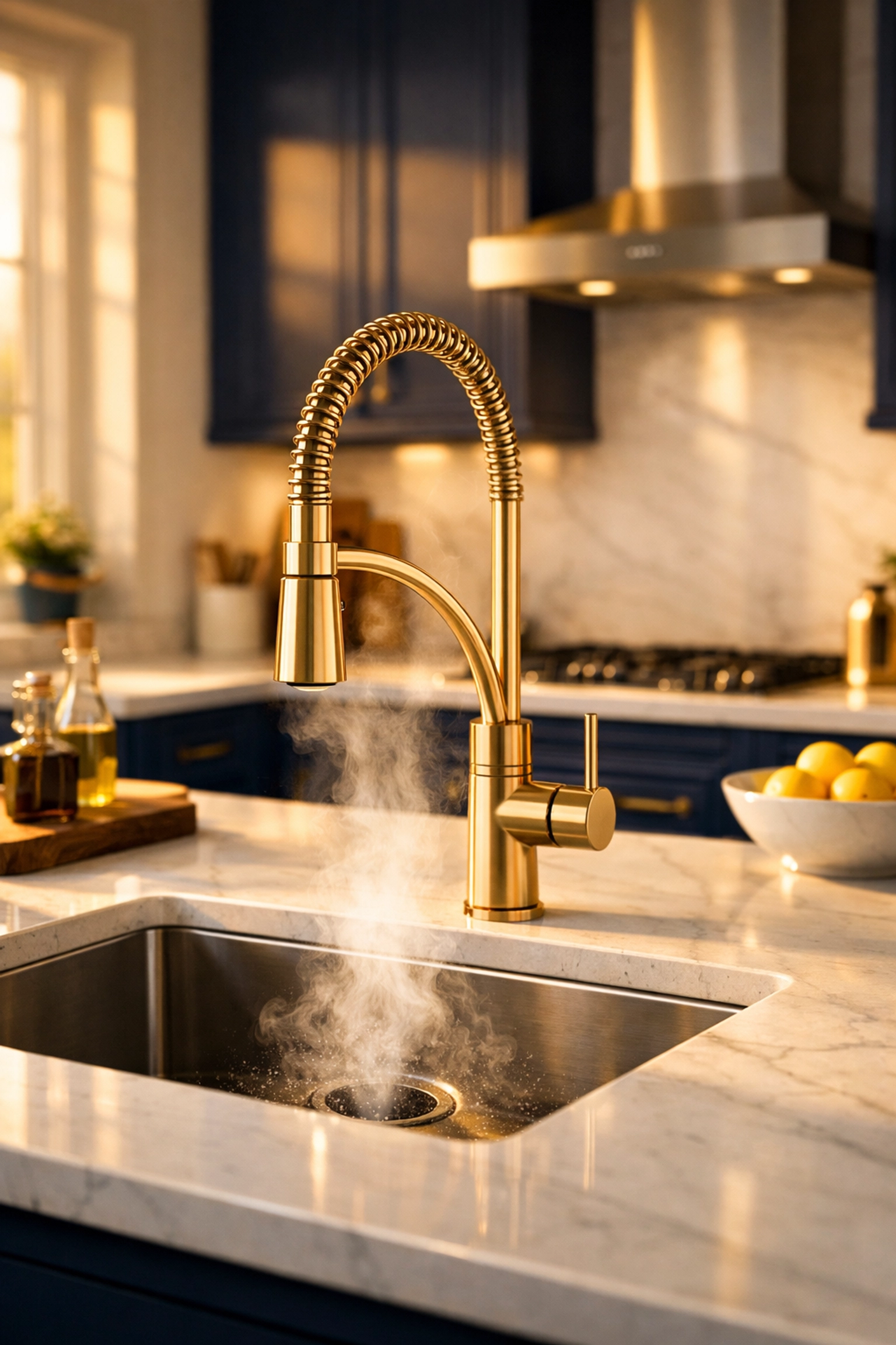 Boiling water steam rising from a kitchen drain to clear grease and maintain a healthy sink.