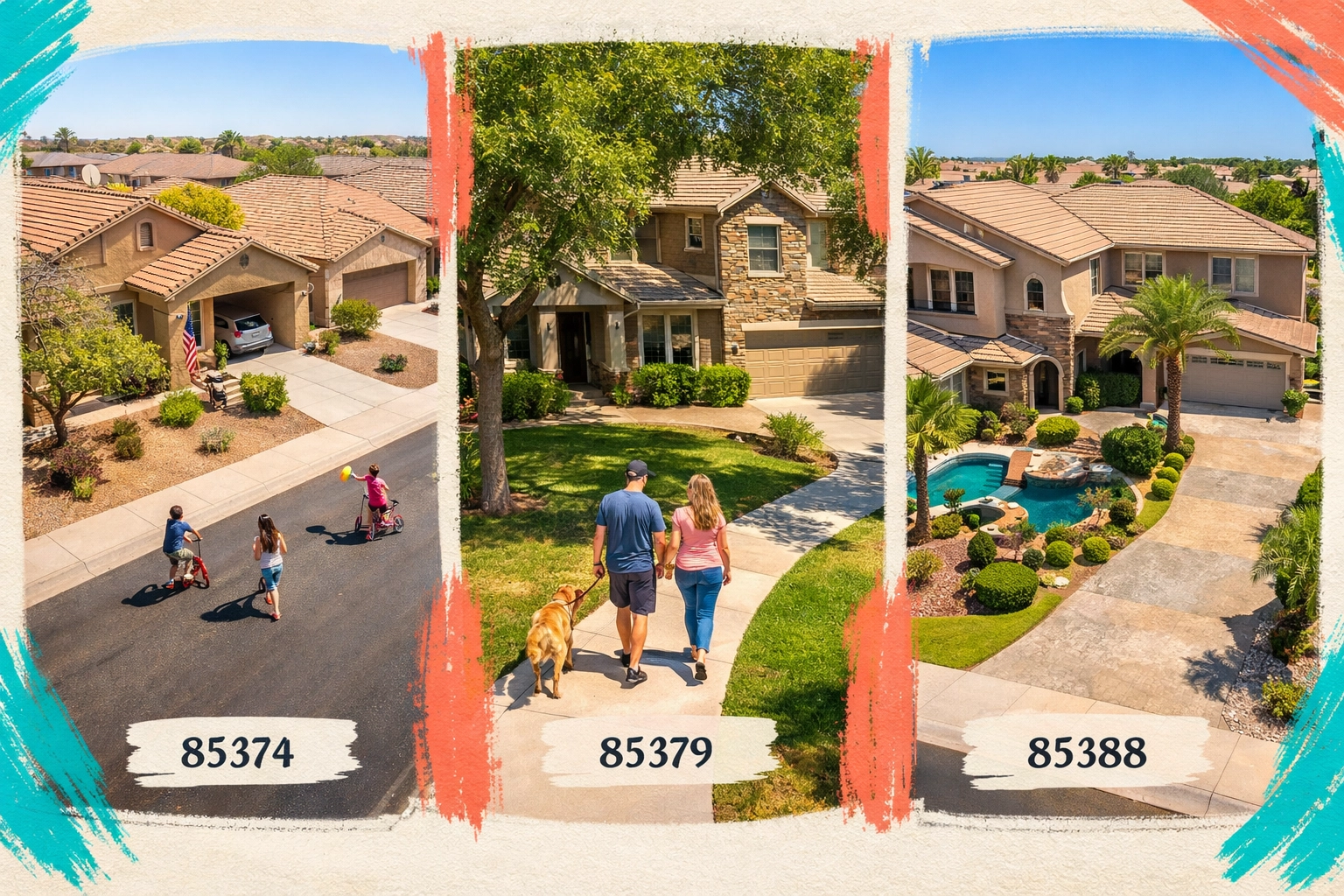 Three Surprise AZ neighborhoods showing homes in ZIP codes 85374, 85379, and 85388