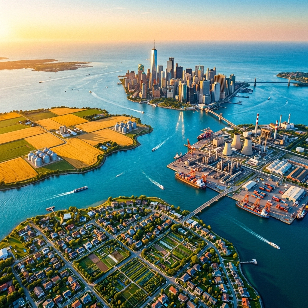 Aerial view of diversified investment assets including stocks, real estate, and commodities for portfolio growth.