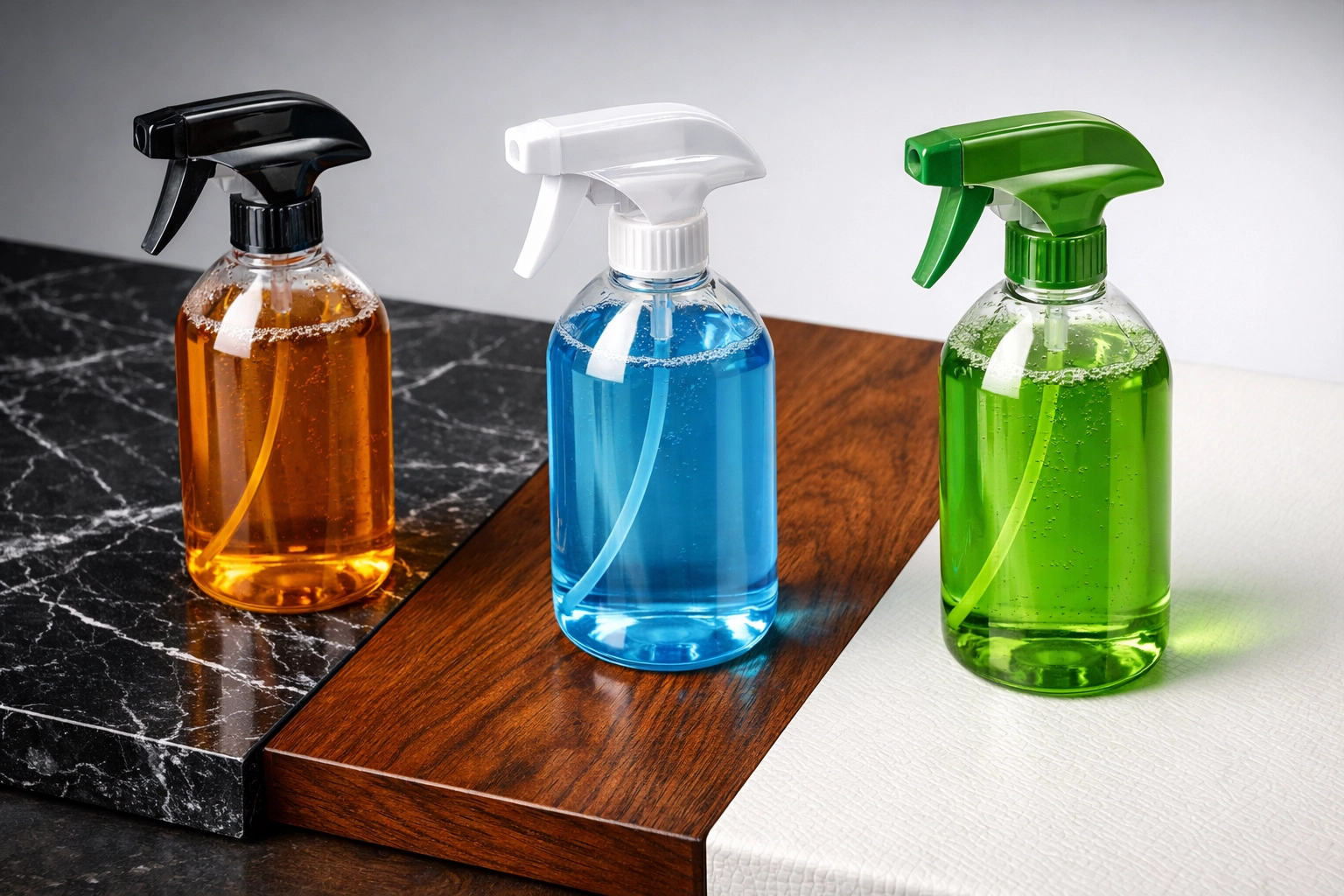Professional cleaning products for different office surfaces including marble, wood, and vinyl