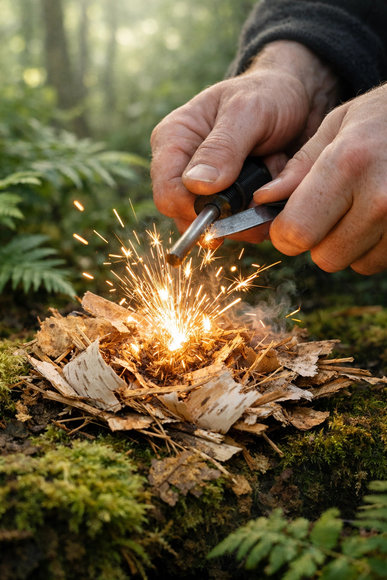Starting a campfire with a ferrocerium rod and birch bark during a UK camping adventure.