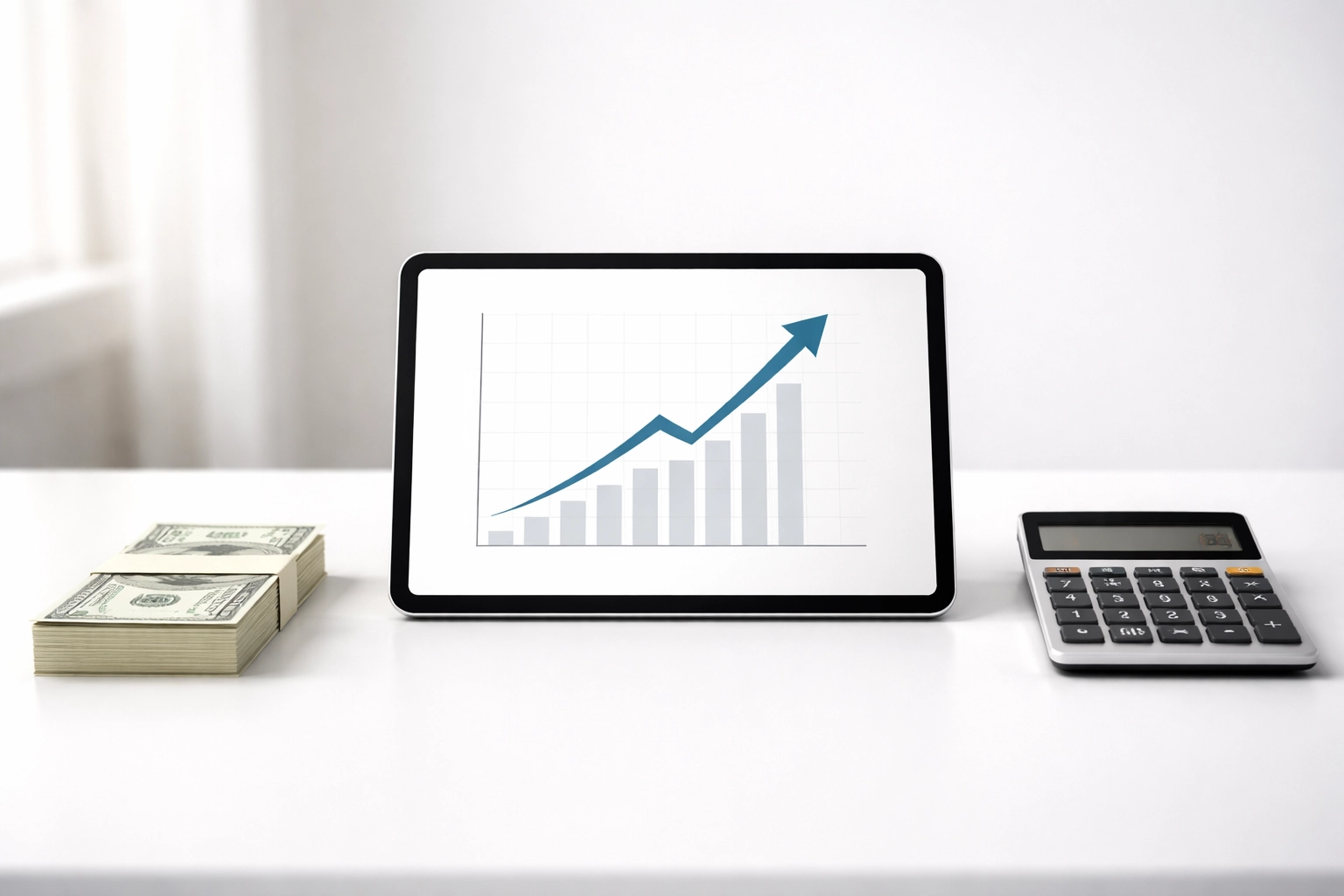 Minimalist desk with cash, tablet, and calculator visualizing tax practice revenue streams