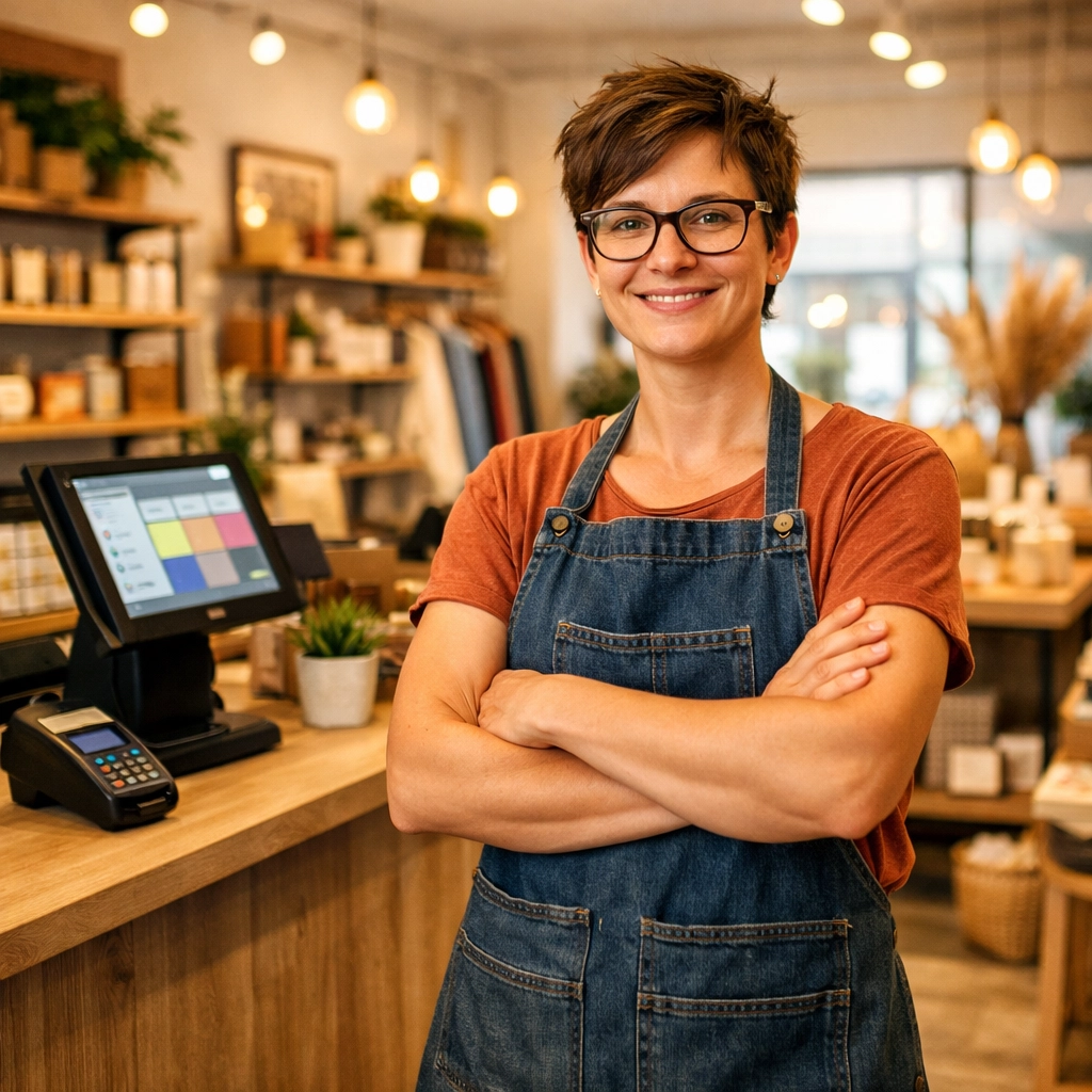 Successful UK retail shop owner with modern POS system in well-organized store