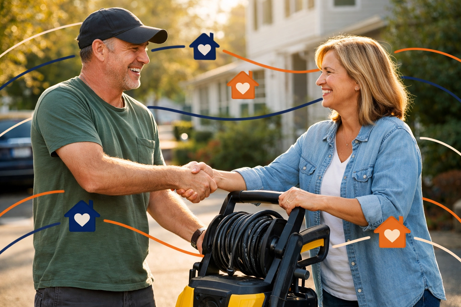 Neighbors in a suburban driveway sharing a pressure washer through a community rental app.