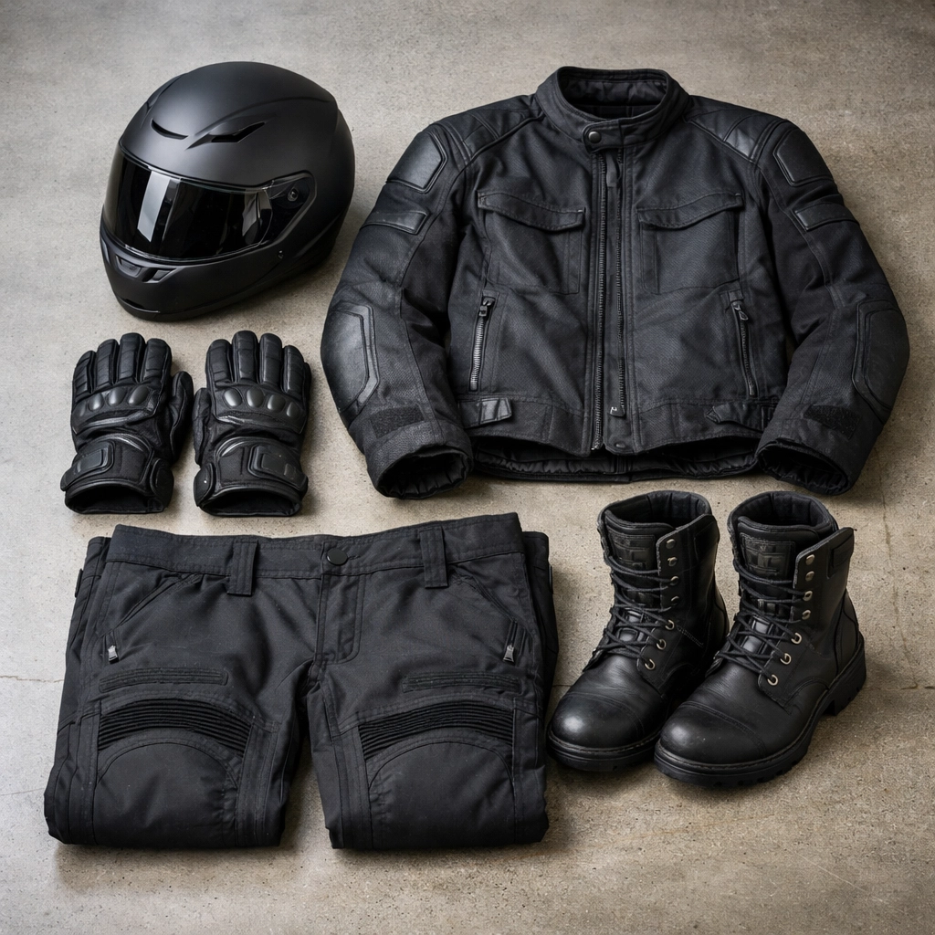 Motorcycle protective gear kit: DOT helmet, armored jacket, gloves, boots, and riding pants