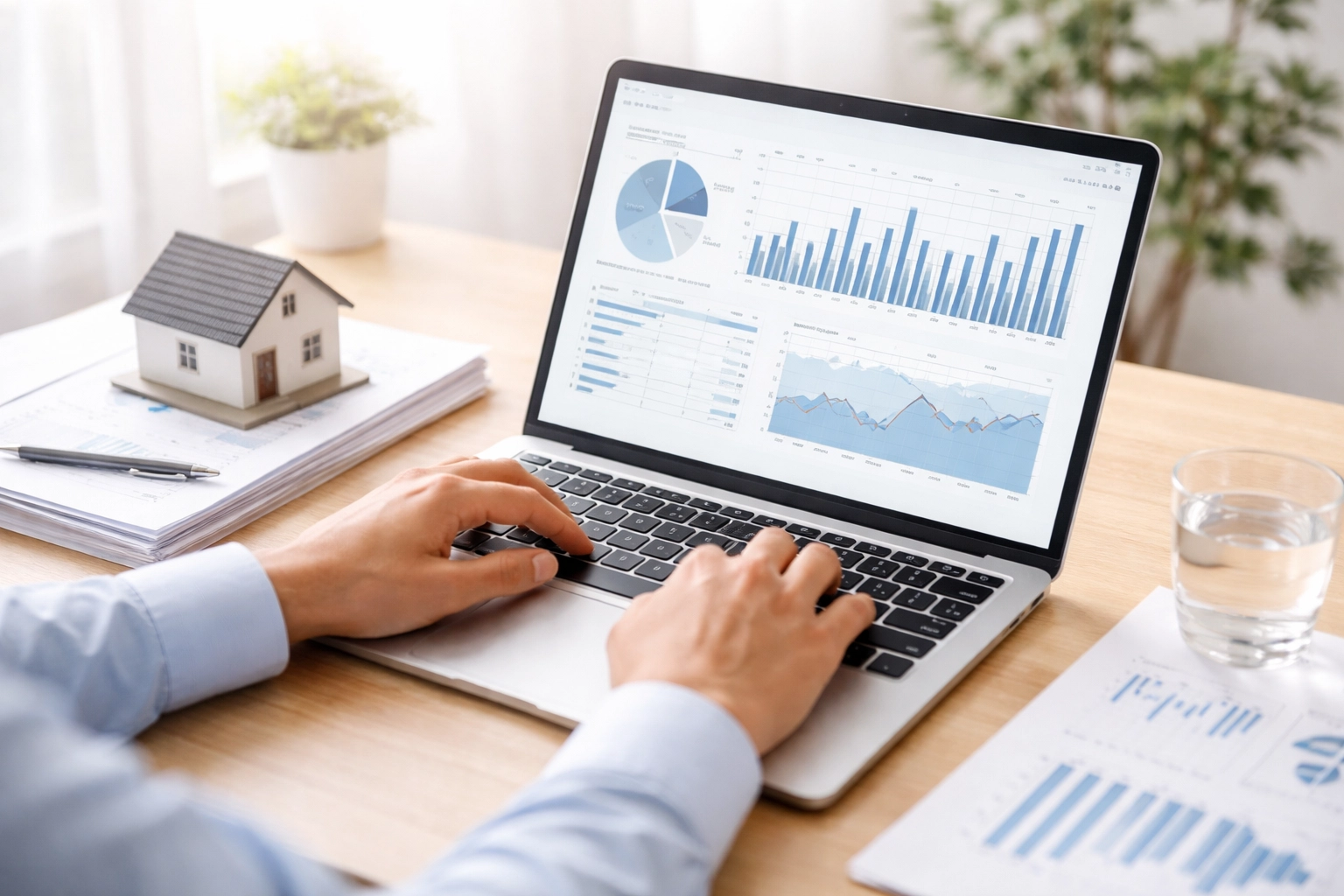 Hands using a laptop with documents and a house model, illustrating how to calculate title insurance costs