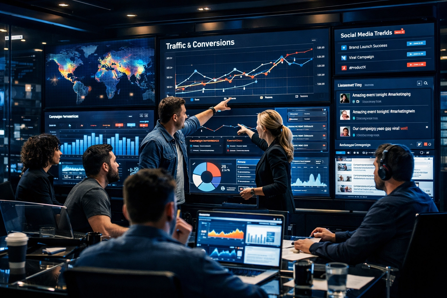 Marketing experts in a command center tracking athlete brand engagement and conversion data.