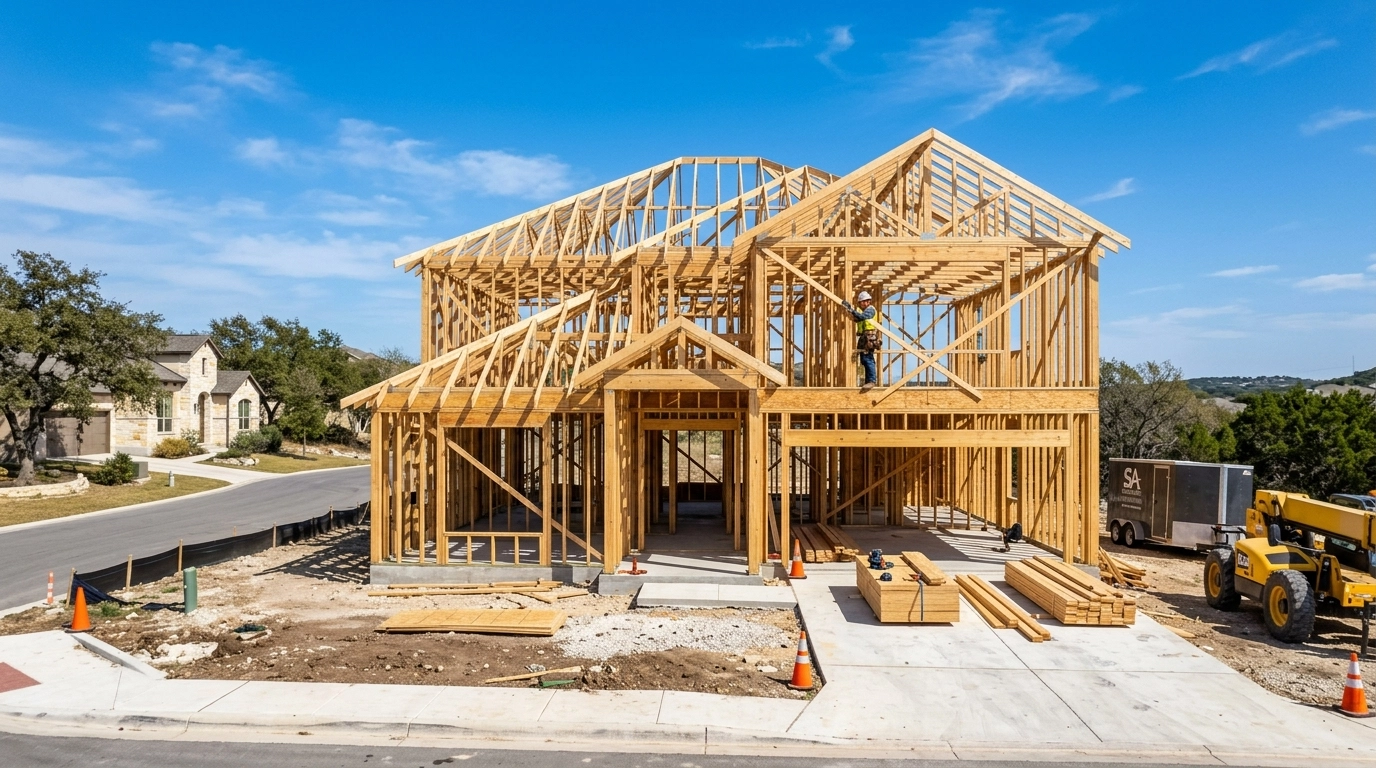 A new construction residential house in San Antonio at the framing stage, showcasing the wooden skeleton under a bright Texas sky.